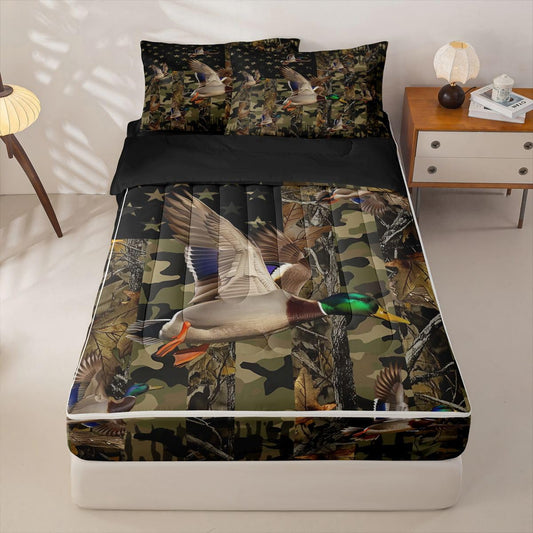 jejeloiu Mallard Duck Hunting Camo Zipper Bedding Sets for Kids Boys Girls Rustic Western Duck Twin Comforter Set with Fitted Sheet American Flag Bedroom Decor Microfiber with 2 Pillow Cases