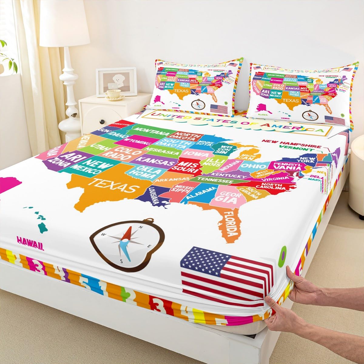 USA Map Fitted Sheet Twin, Geography USA Map Bed Sheet Set for Boys Girls Educational Bedding Set Learning Time Bed Cover 2Pcs (No TOP Sheet)