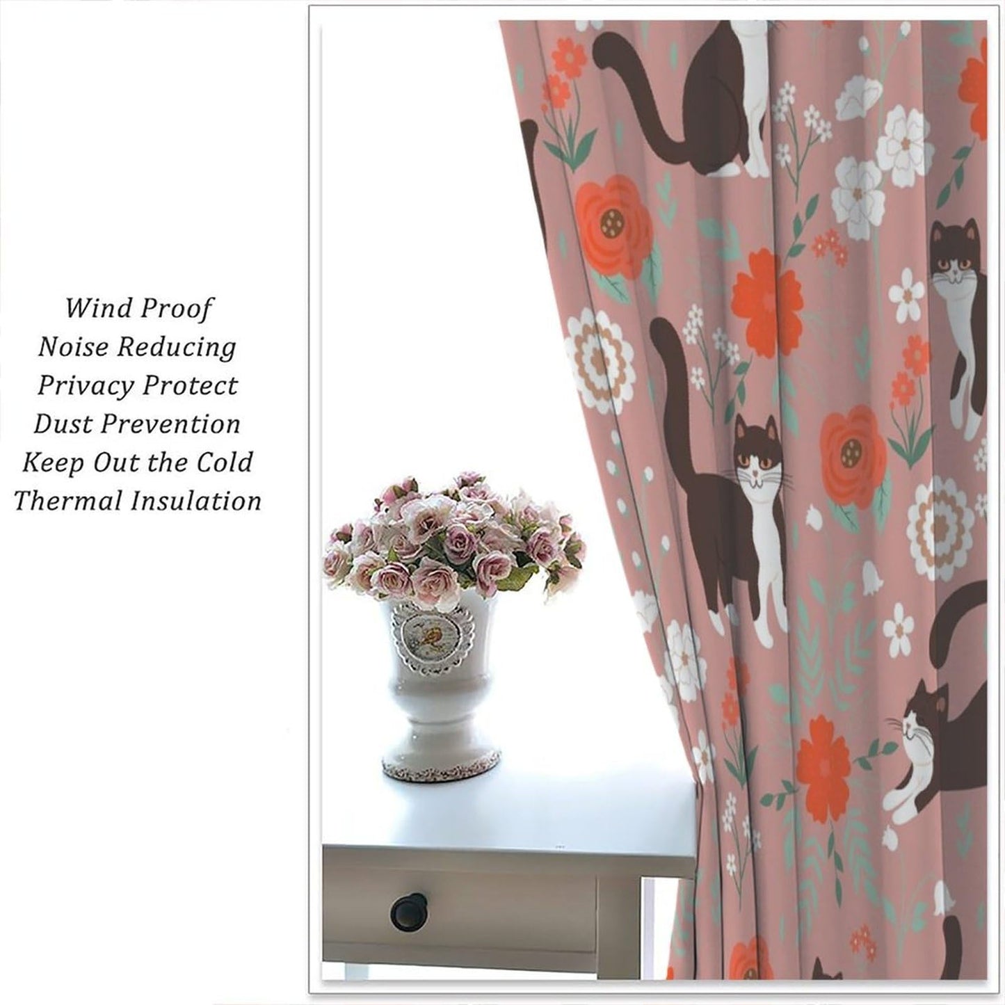 JADERYS Cat Blackout Curtains Cartoon Cute Pet Animal Red White Flowers Kids Girls Women Bedroom Living Room Bathroom Blackout Rod Pocket Decoration Window Drapes 2 Panels W21xL45in