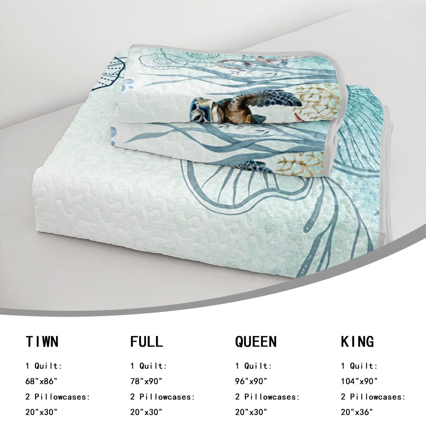 AILONEN Sea Turtle Bedding Quilt Set King Size,Teal Blue Ocean Beach Coastal Bedspread Coverlet,3 Pieces Soft Lightweight Quilt & 2 Pillowcases