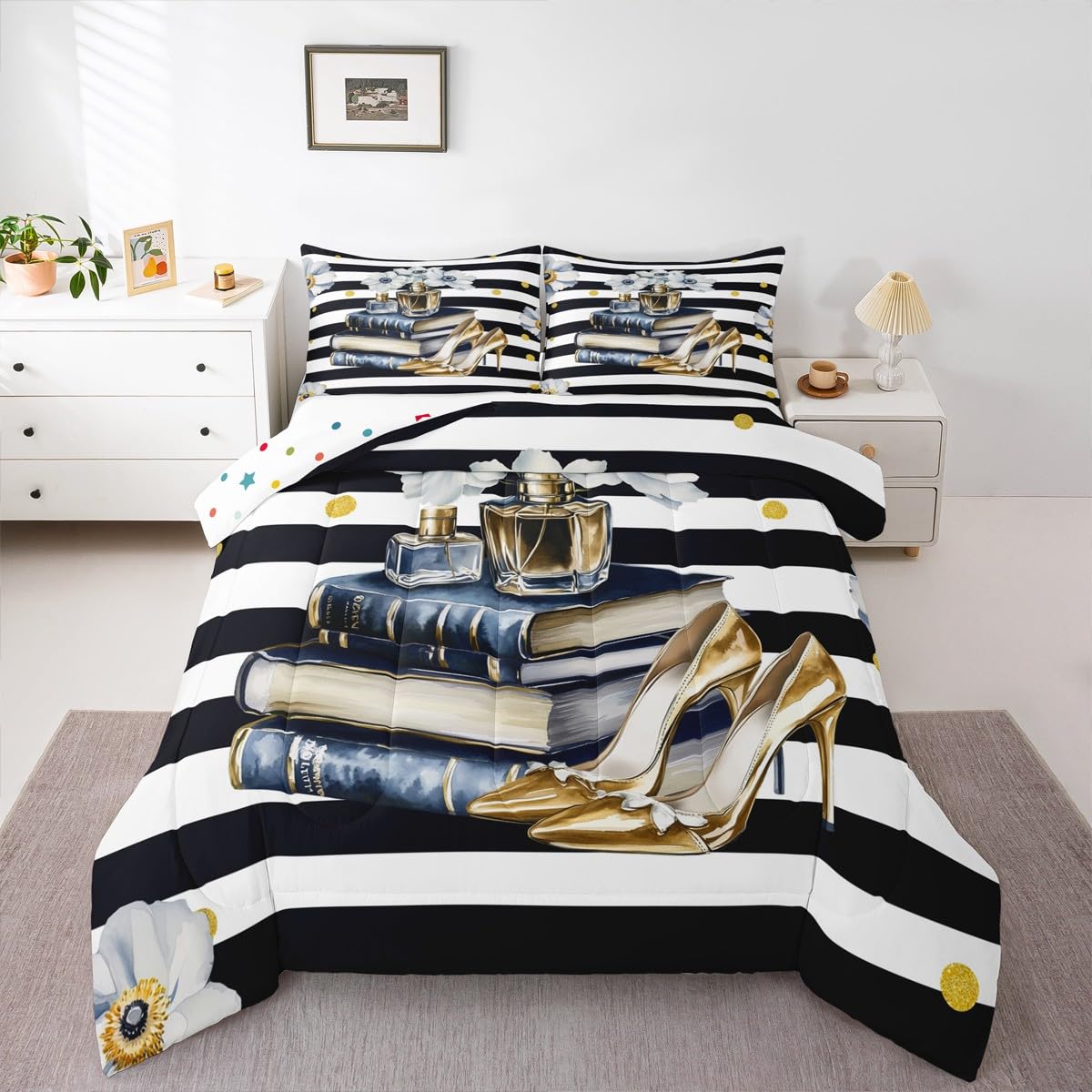 Erosebridal Fashion Comforter King Size for Girls Teens Women Black White Stripes Bedding Set Blue Gold Floral & Oil Painting Book Modern Duvet Insert Perfume High Heels Bed Sets