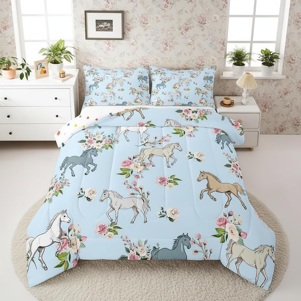 Erosebridal Horse Quilt Queen Size, Farmhouse Western Cowboy Cowgirls Duvet Insert for Kids Boys Girls Teens, Cartoon Kawaii Horse Bedding Set, Rustic Rose Floral Comforter Set + 2 Pillow Cases
