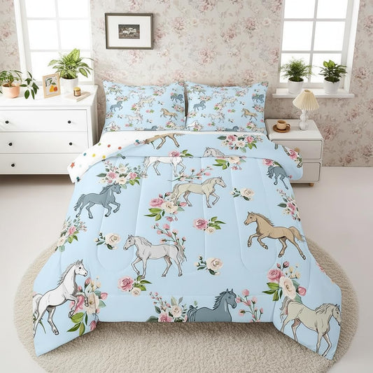 Erosebridal Horse Quilt Queen Size, Farmhouse Western Cowboy Cowgirls Duvet Insert for Kids Boys Girls Teens, Cartoon Kawaii Horse Bedding Set, Rustic Rose Floral Comforter Set + 2 Pillow Cases