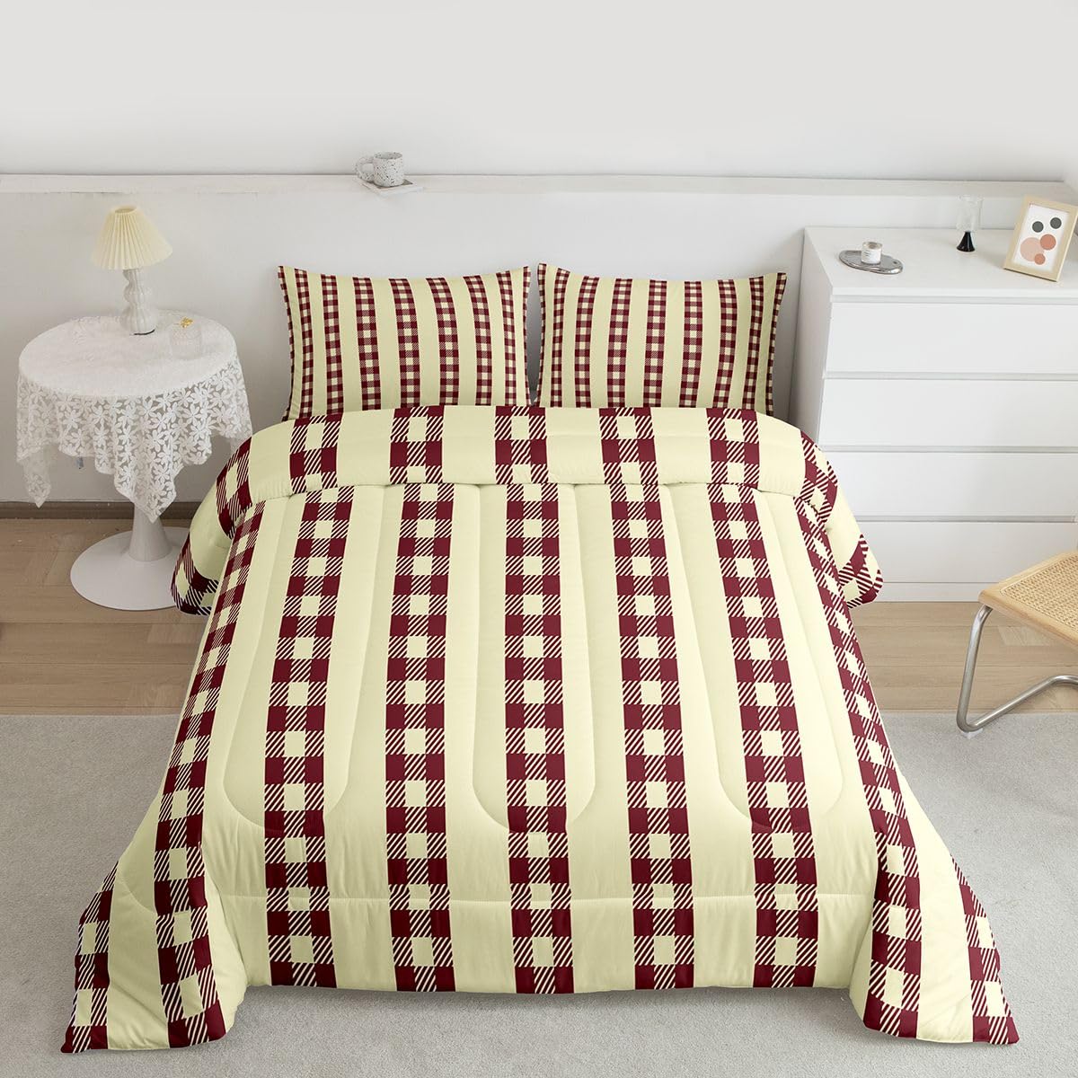 jejeloiu Red Brown Plaid Comforter Set All Season Stripes Bedding Set with 2 Pillow Cases Check Checkered Microfiber Kids Queen Bedclothes Grid Geometric Bedroom Decor Duvet Quilt Breathable Soft