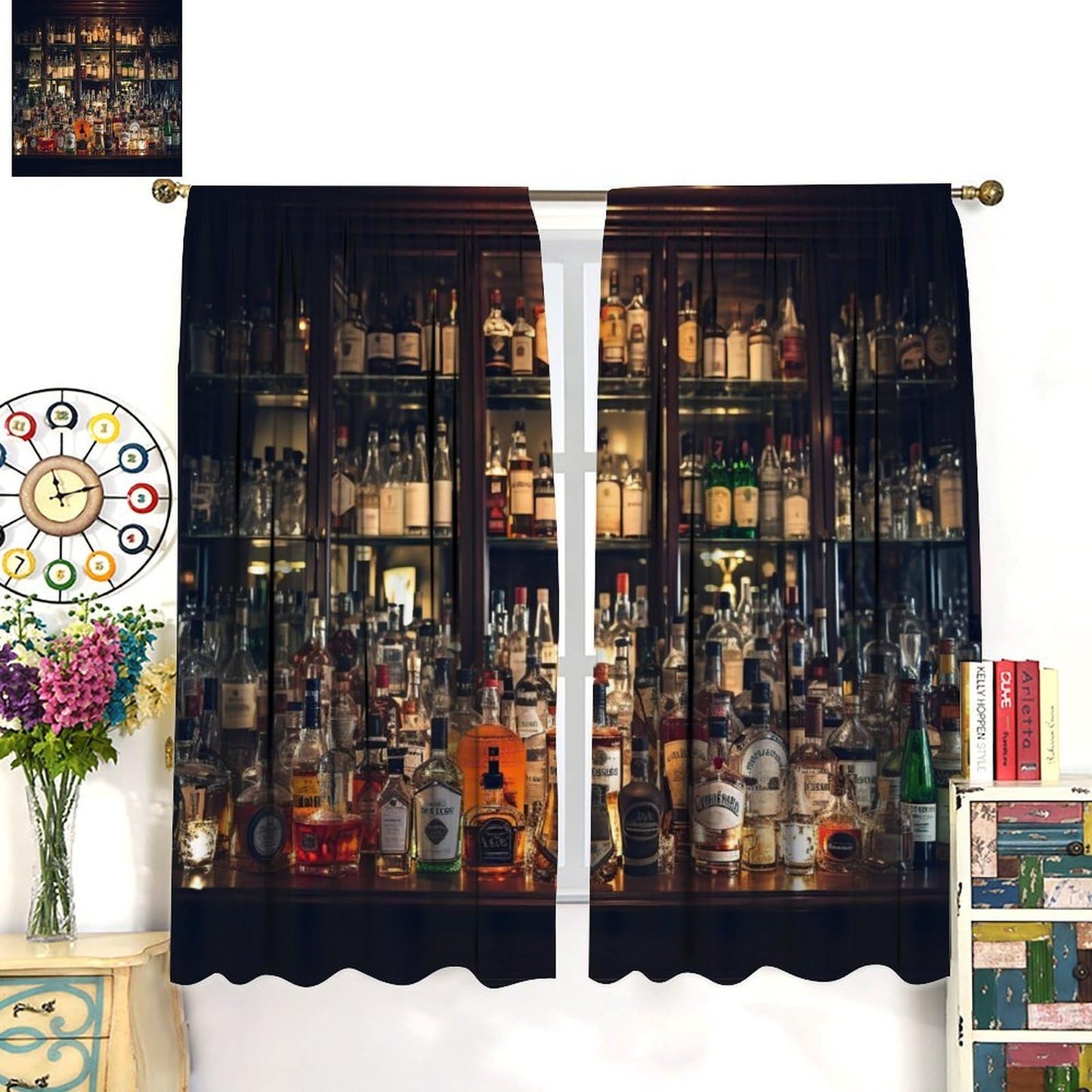 VUMIVI Retro Bar Curtains Variety of Liquors Dark Color Scheme Modern Scenic Art Bar Theme Rod Pocket Window Treatments for Living Dining Kitchen Pub Restaurant Salon 42" W X 44.5" L