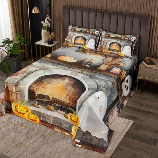Kawaii Ghost Bedspread Queen Size,Cartoon Halloween Theme Bedding Set 3Pcs for Kids Girls Boys Teens Room Decor,Watercolor Rustic Fireplace Comforter Set Cute Ghost Quilt Coverlet,2 Pillowcases