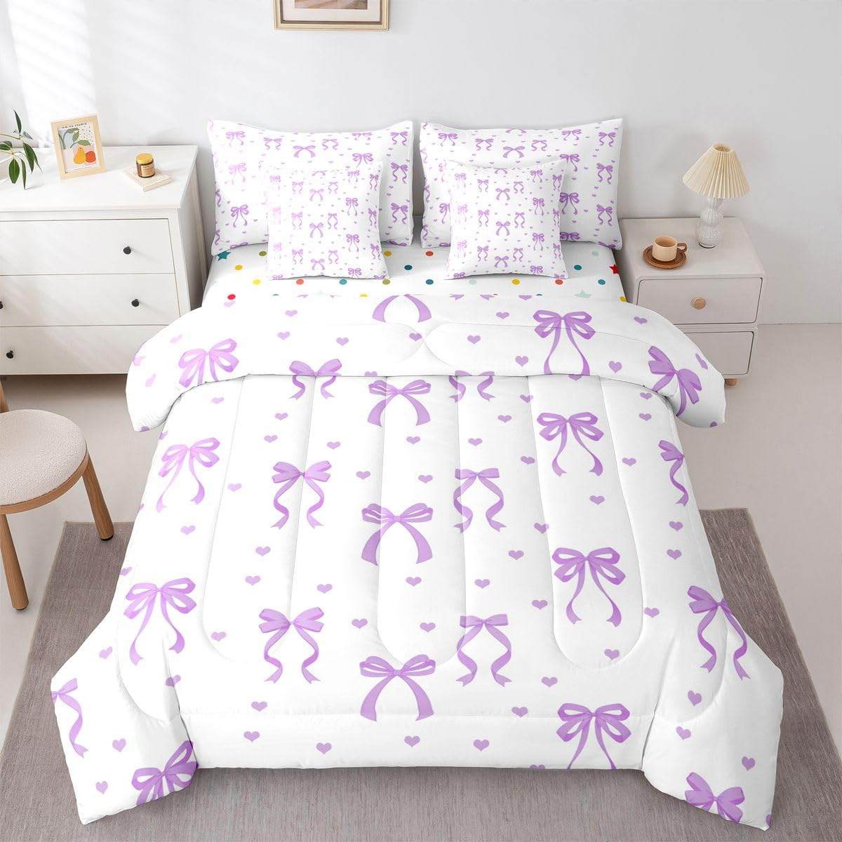 Erosebridal Bow Knot 7 Piece Bedding Set Full Size Bowtie Bed in A Bag Coquette Bowknot Comforter with Sheets Fantasy Bed Sets