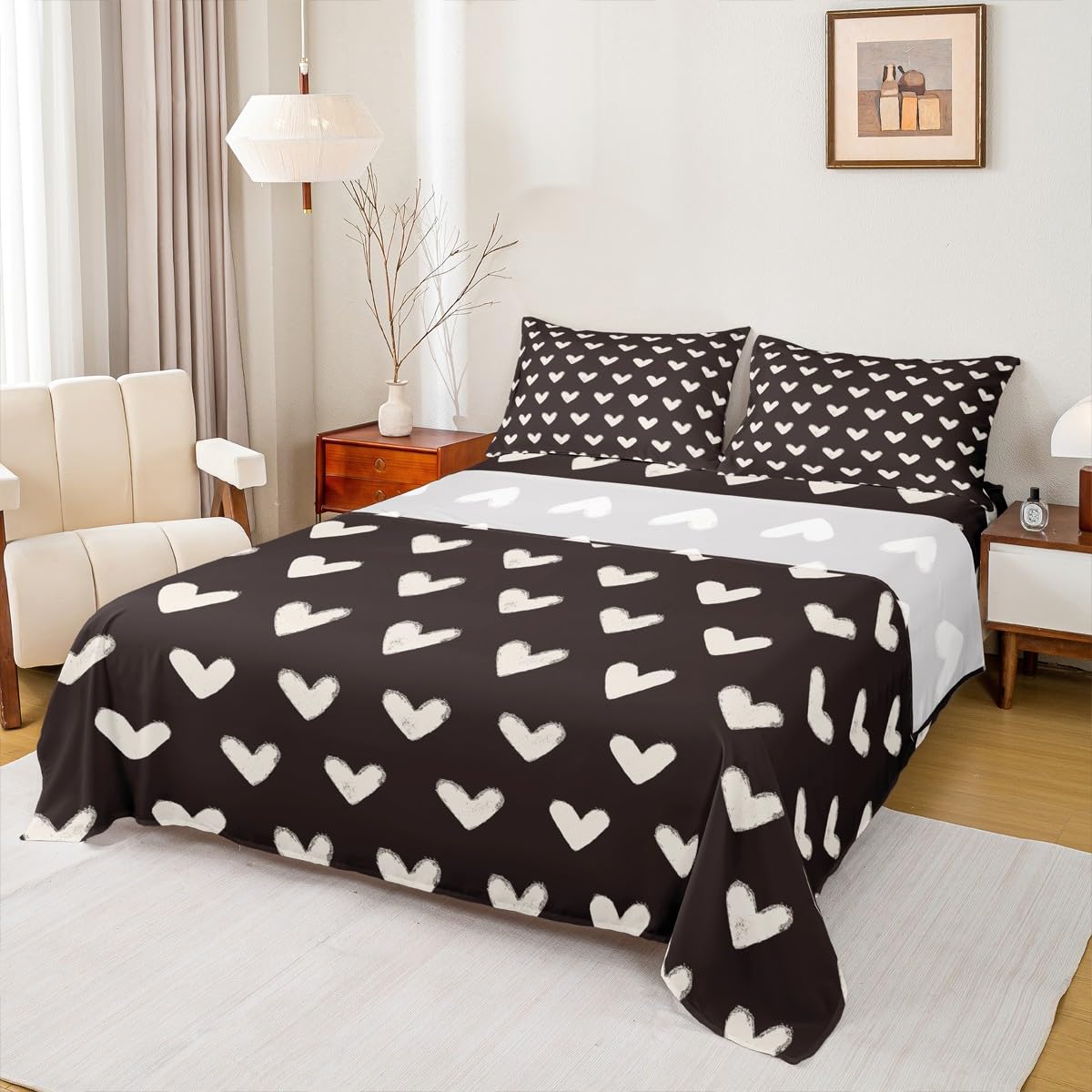 Erosebridal Love Bed Sheets Full Size White and Black Heart Shaped Bedding Set for Teenager Girls Valentine Cartoon Geometric Flat Fitted Sheet Kawaii Love Heart Bedroom Decor 4Pcs