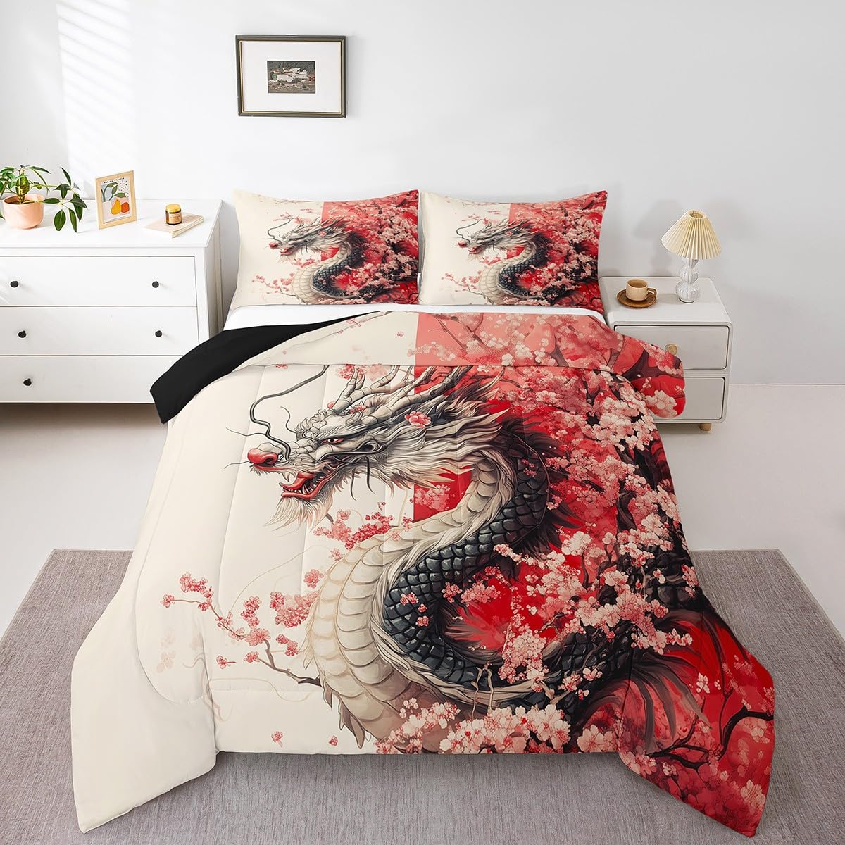 Erosebridal Girls Dragon Comforter Set Queen Size, Japanese Style Animal Down Comforter Cherry Blossoms Sakura Bedding Set Ancient Wildlife Quilt for Kids Teens Adult Women Bedroom Decor, Pink