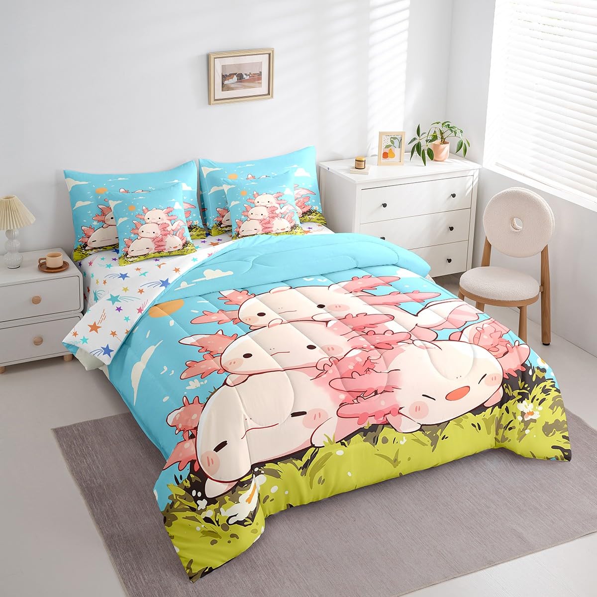 Feelyou Kids Cute Axolotl 7 Pieces Bedding Set Twin Size, Cartoon Salamander Bed in A Bag Ocean Sealife Comforter Set with Sheets Boys Girls Kawaii Animal Teens Bed Set Bedroom Decor 7Pcs