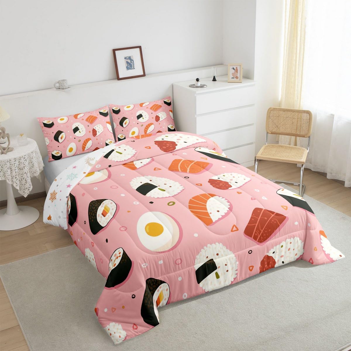 Erosebridal Cute Pink Sushi Comforter Set Queen Size,Japanese Food Bedding Set Sushi Gifts for Kids Girls Women,Funny Food Quilt Bed Set Cartoon Bed Comforter Sets with 2 Pillowcases Room Decor