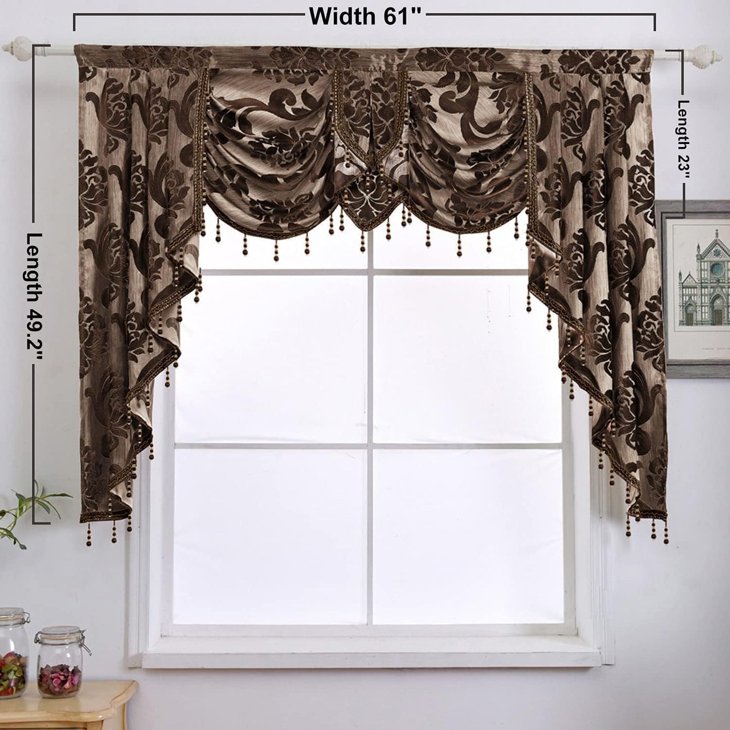 NAPEARL Window Valances for Living Room, Jacquard Damask Luxury Valance Curtains for Windows, Chocolate Brown Rod Pocket Waterfall Valance with Swags, 61-Inch Wide