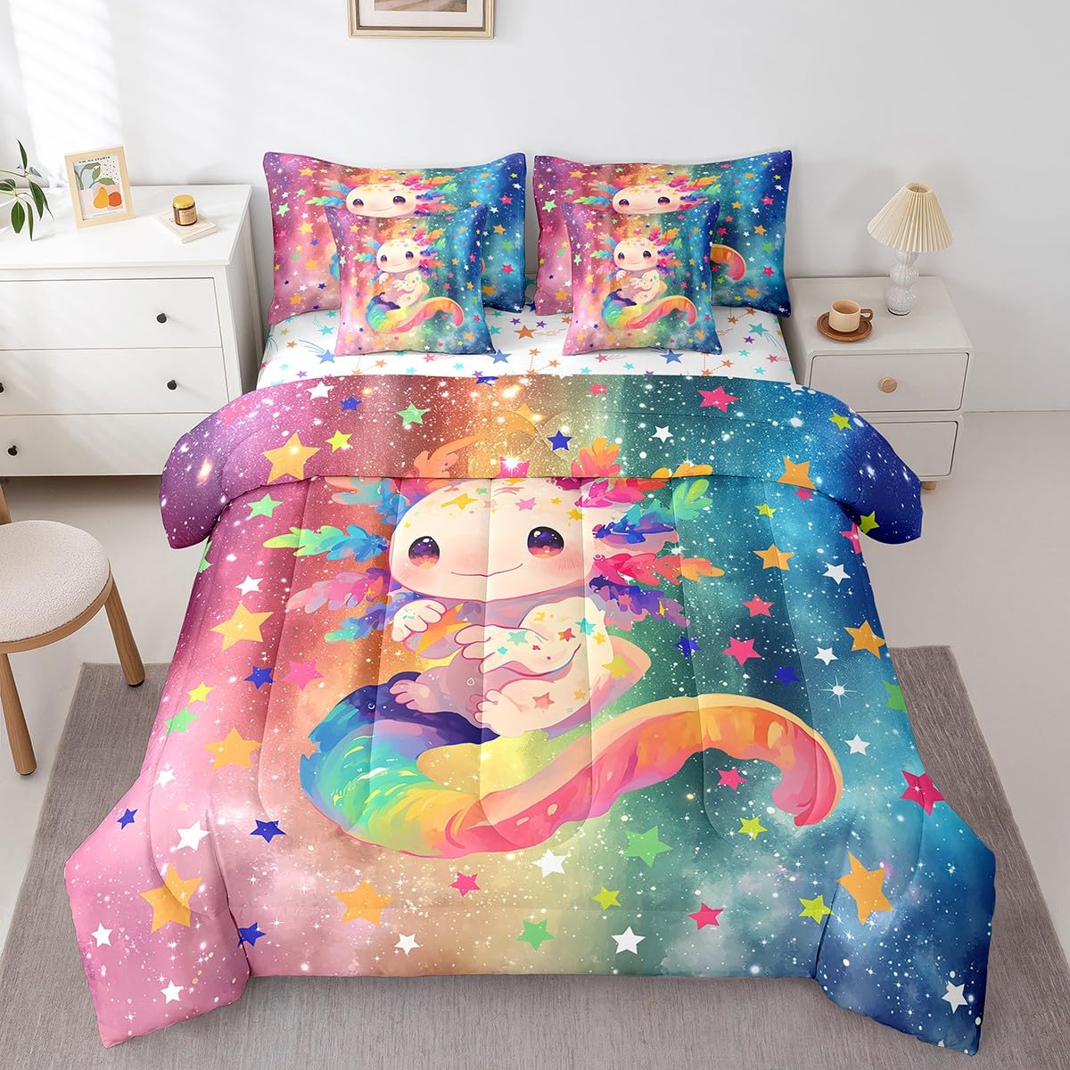 Feelyou Kids Cute Axolotl 7 Pieces Bedding Set Twin Size, Cartoon Animal Bed in A Bag Boys Girls Kawaii Ocean Sealife Comforter Set with Sheets Rainbow Teens Bed Set Bedroom Decor 7Pcs