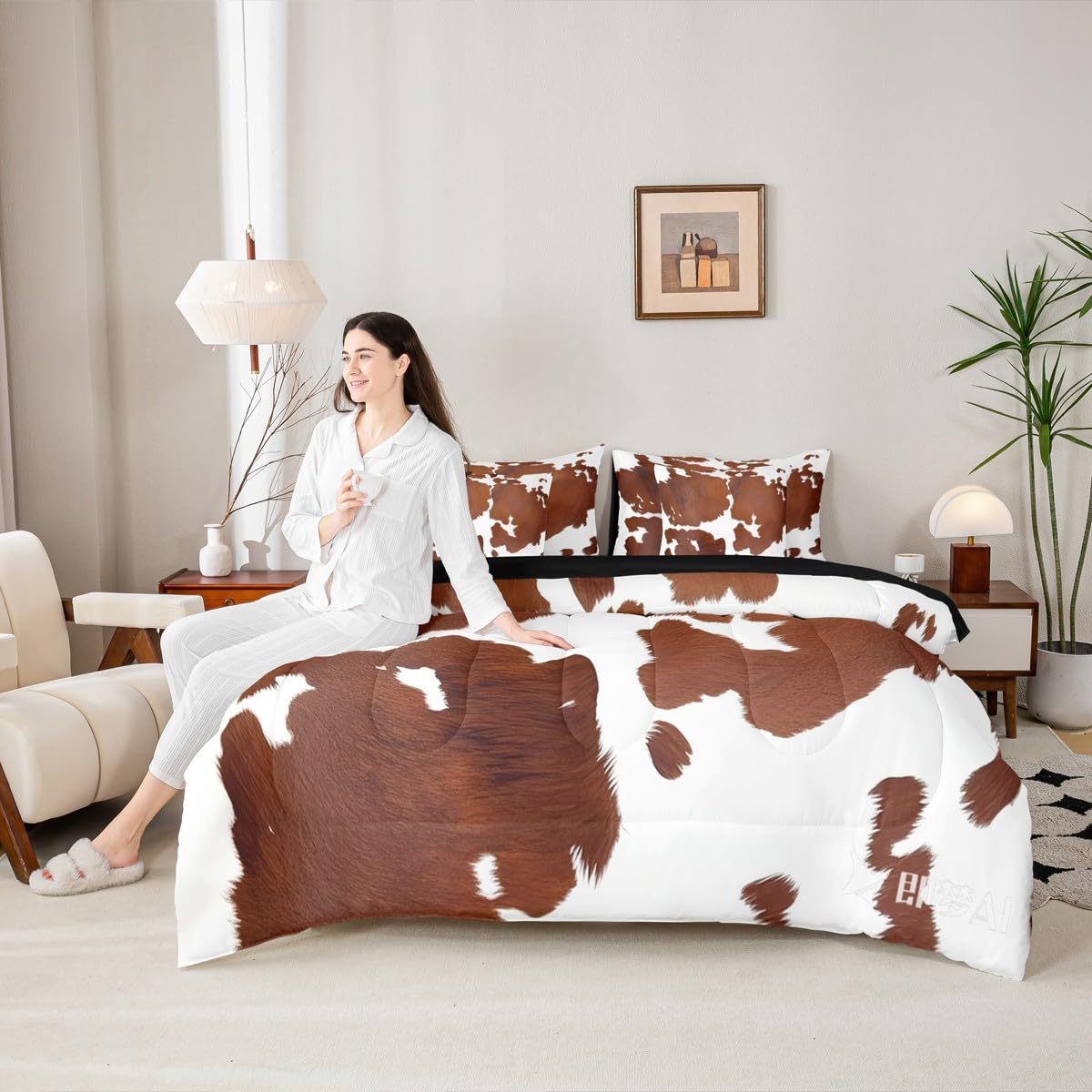 Erosebridal Brown Cowhide King Bedding Set 7 Piece for Boys Cute Cow Print Bed in A Bag for Kids Teens Youth Adult Western Animal Hair Comforter Set with Sheetrustic Farmhouse Bed Sets