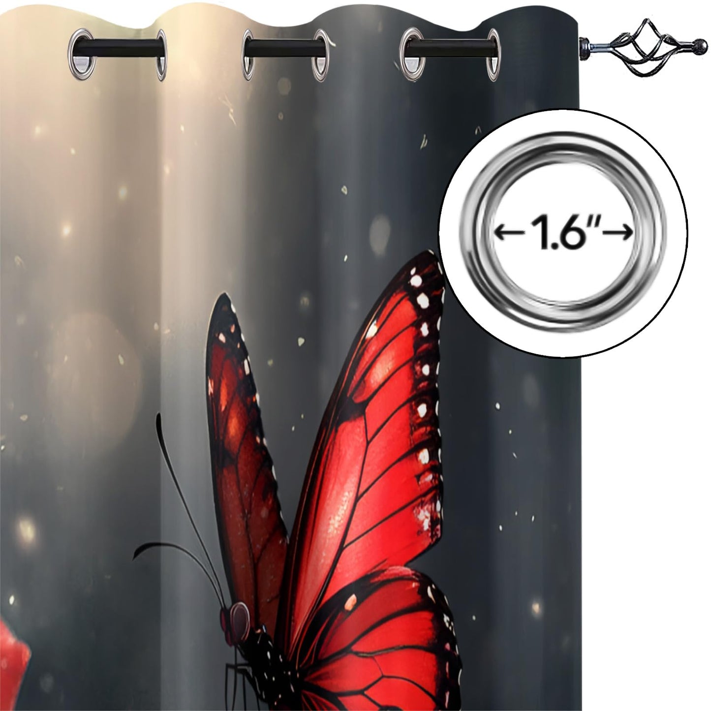 JAXIUOF Red Flowers Curtains 39 Inch Long 2 Panels Butterfly Rose Plants Blackout Curtains, Romantic Floral 3D Printed Drapes, Grommet Top Window Treatments for Bedroom Office Kitchen