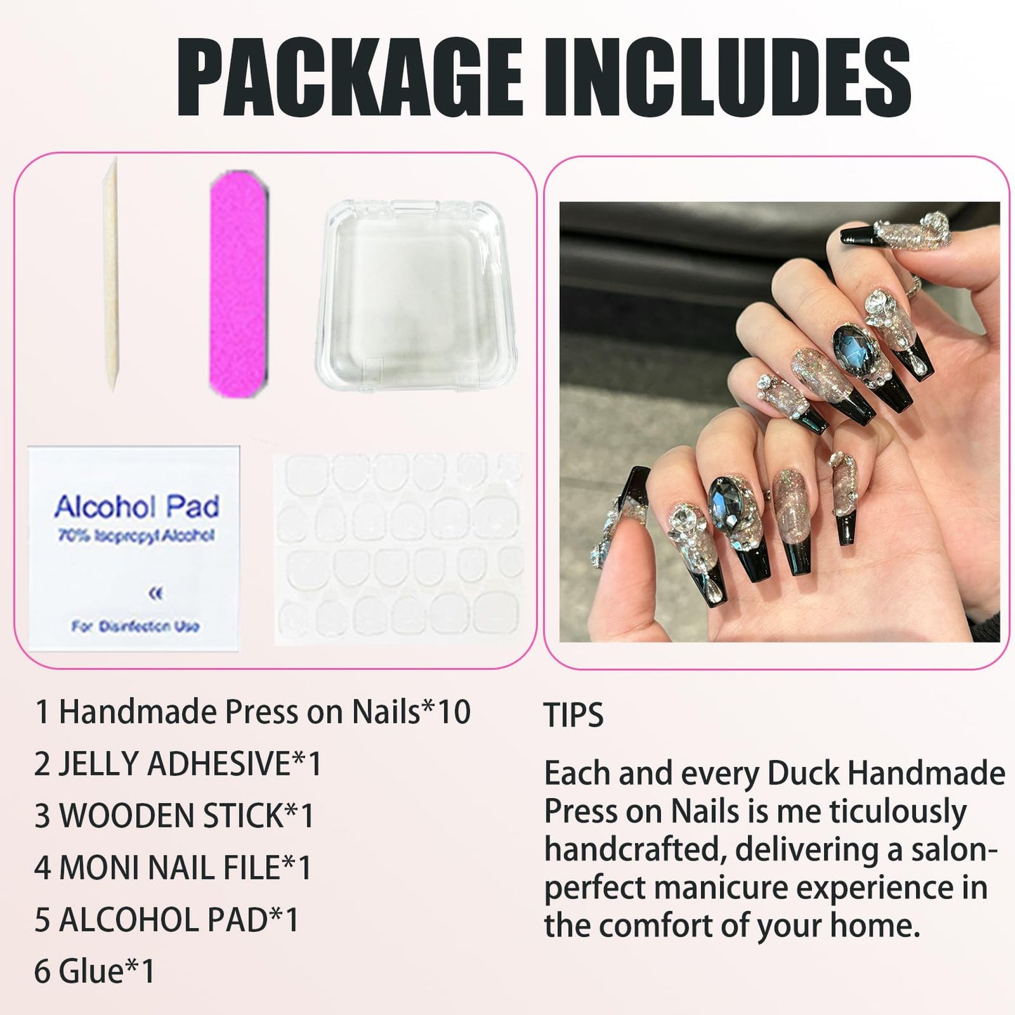 Handmade Press On Nails Long Square Reusable Stick On Fake Nails Luxury Elegant Sexy Style For Women Gift With Nail Glue Black M