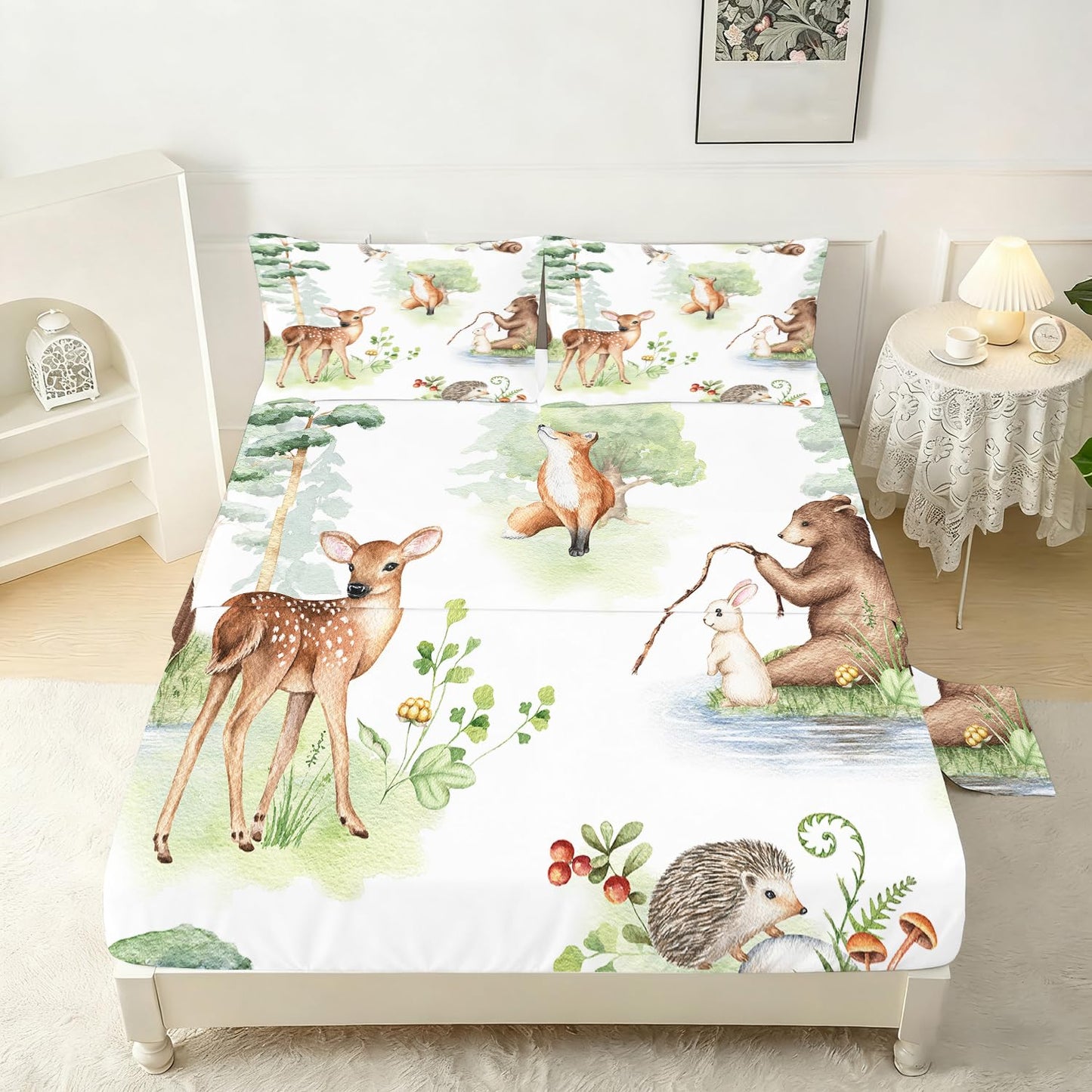 VTKON Wildlife Fitted Sheet Set Twin Size for Kids Light Green Sheet Set for Boys Girls Bedroom Animal Sheet Soft Microfiber 3-Piece Sheet Set 1 Fitted Sheet+1 Flat Sheet+1 Pillowcase Bedding Set