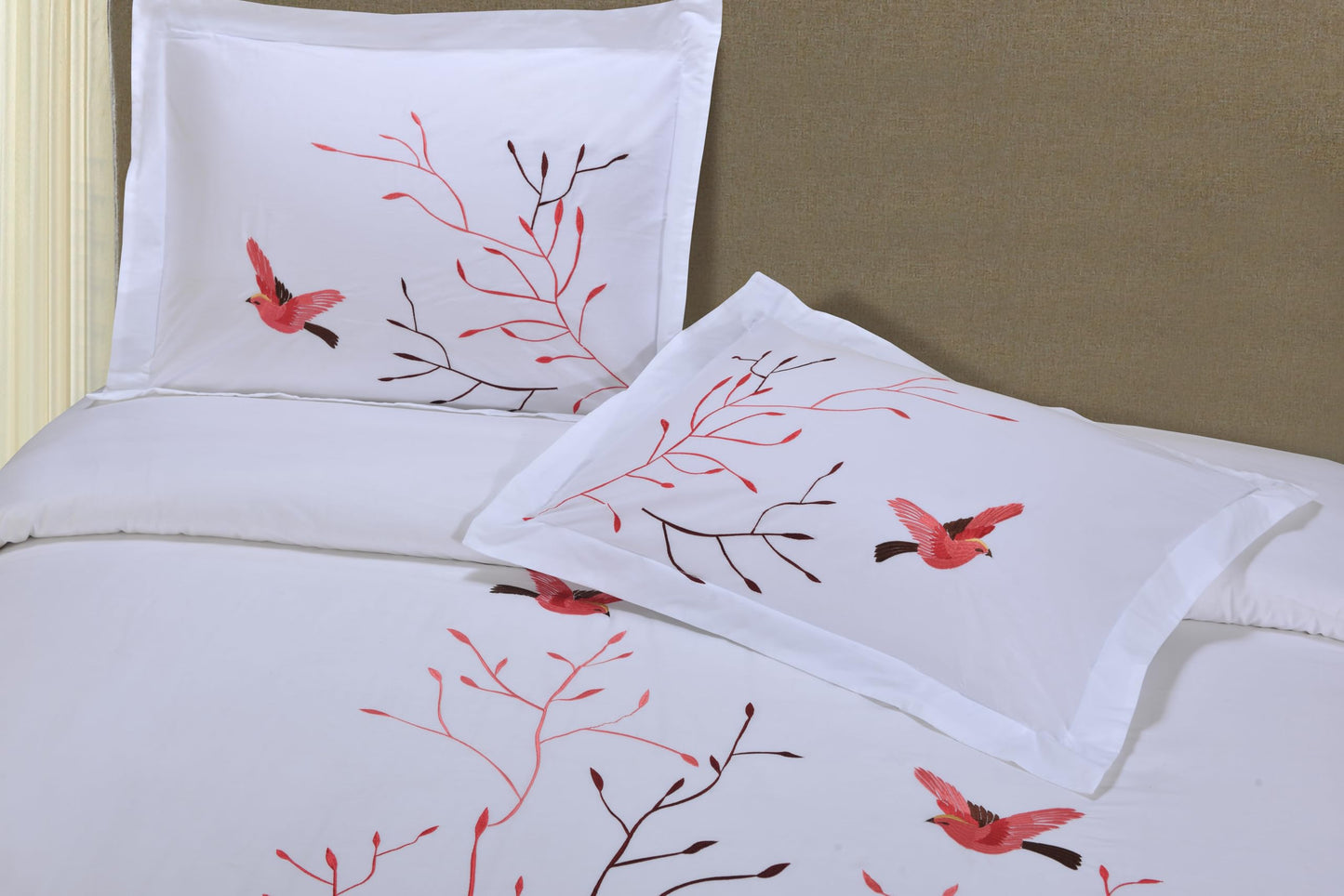 Superior Swallow Cotton 200 Thread Count Duvet Cover Set, Comforter Cover, Bed Essentials, Embroidered Tree with Birds, Includes 1 Duvet Cover- Button Closure, 2 Pillow Shams, Full/Queen, Red Swallow