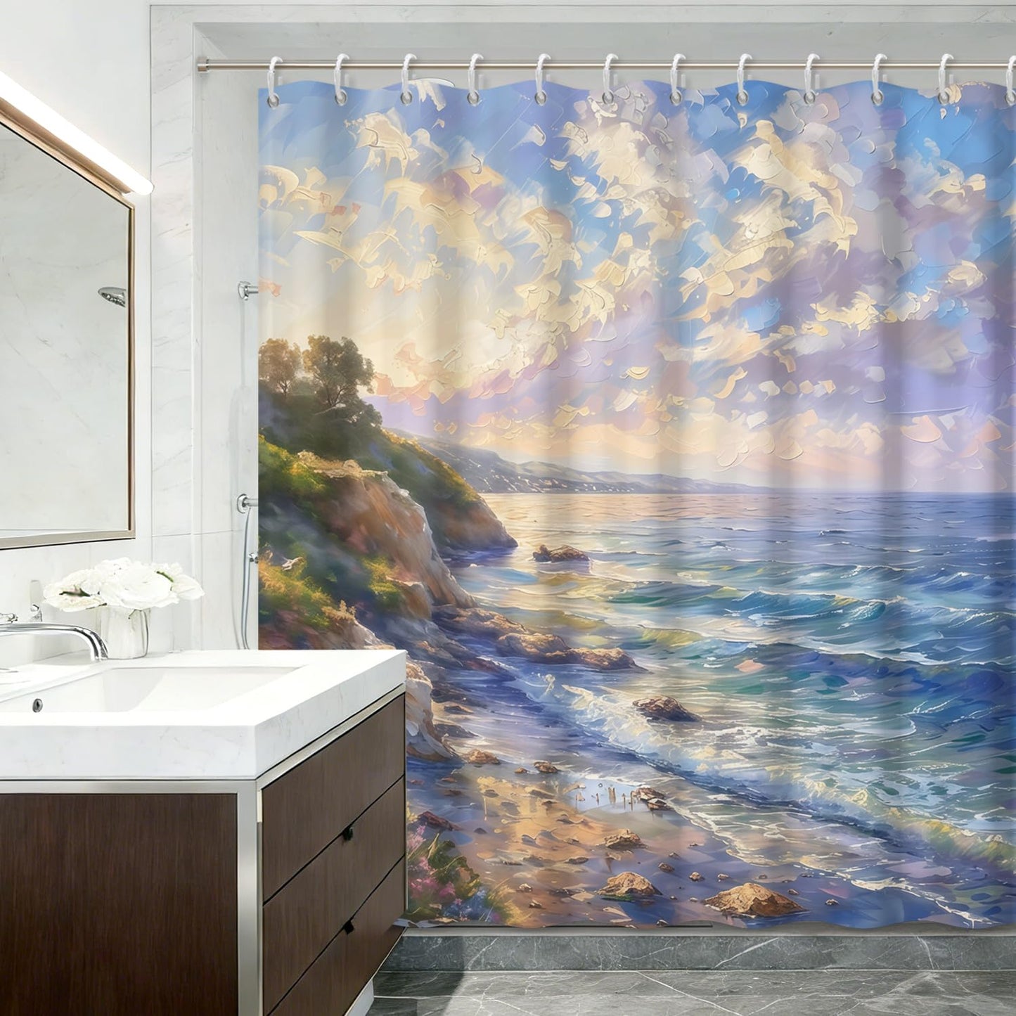 Xiazhilaio Coastal Landscape Shower Curtain with Hooks 71″ x 74″ – Ocean & Sky Scenic Art Print Waterproof Fabric Bath Tub Curtain for Beach House & Spa Style Barthroom Decor