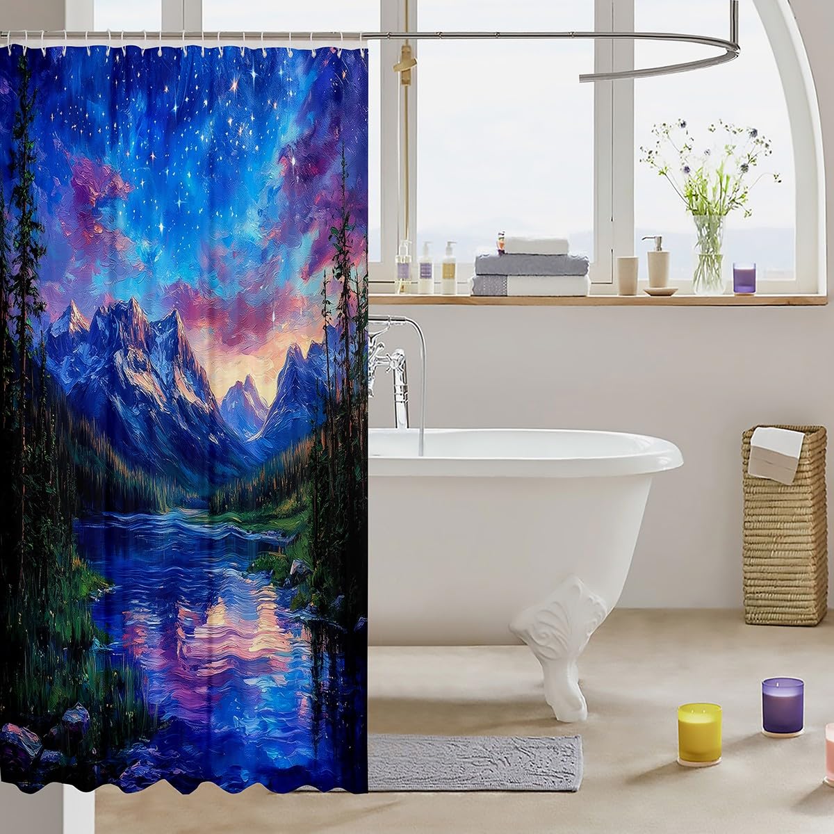 jejeloiu Mountain Lake Shower Curtain 72"x78" Dreamy Starry Night Sky Bath Curtain for Boys Girls Teens Nature Landscape Bathroom Shower Curtain Set Waterproof Galaxy Kids Bathroom Accessories