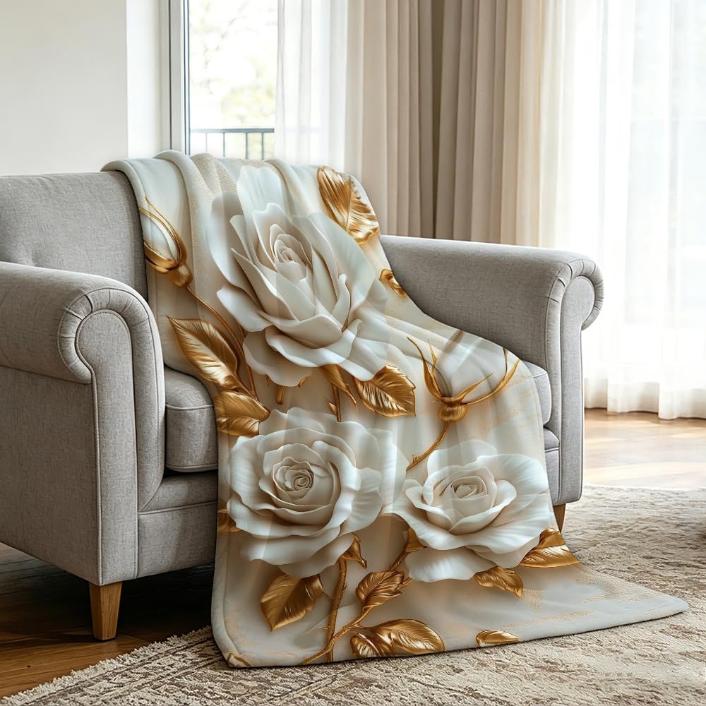 HUNXIAOJ Flower Print Blanket White and Gold Throw Blanket White Floral Print Flower Bedding Warm Soft Flannel for Adults Bed Sofa Couch (49in x 59in)