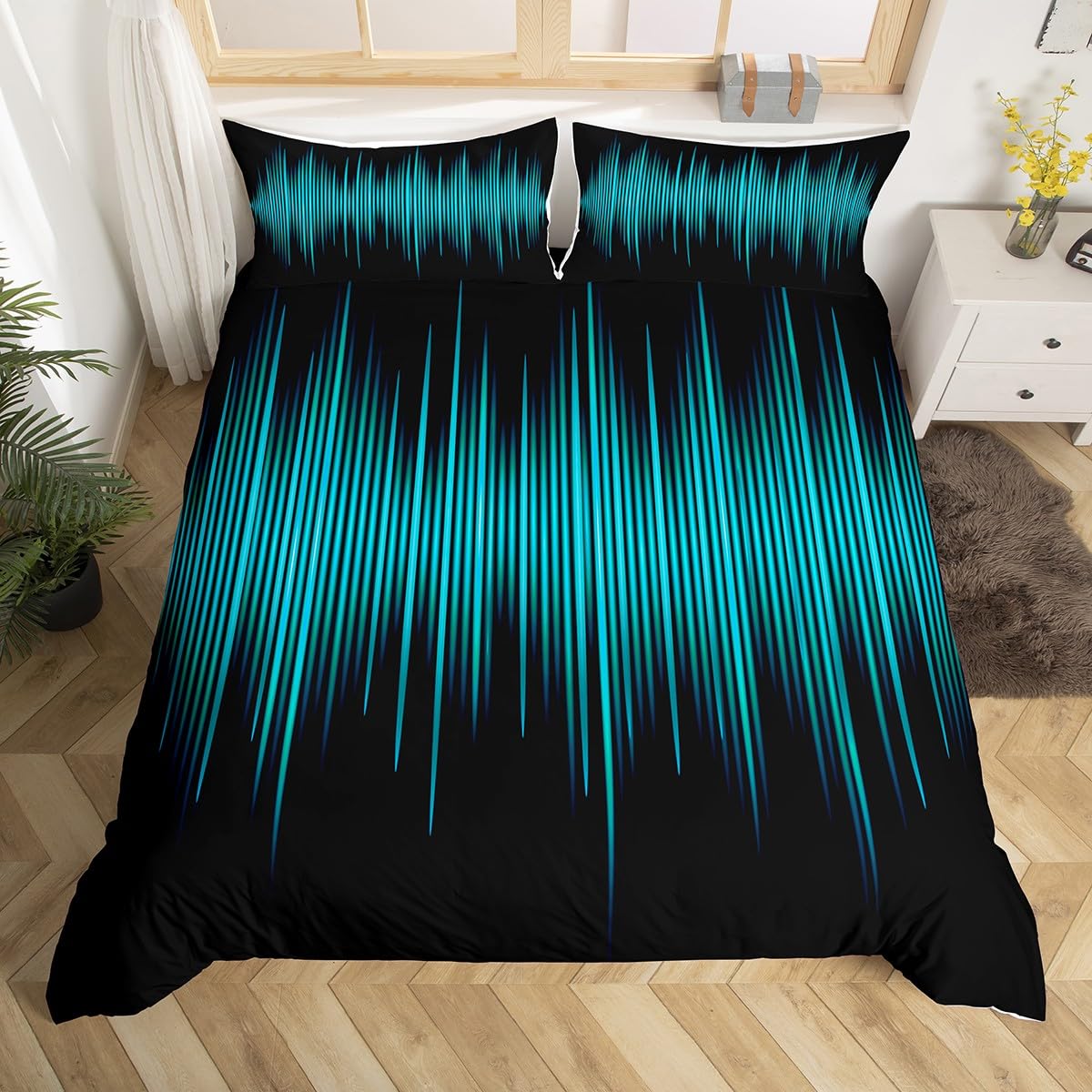 Geometric Abstract Kids Duvet Cover Set King Size,Blue Gradient Striped Lines Bedding Set,Boys Girls Adults Bedroom Decor,Modern Fashion Comforter Cover,Black Simple Quilt Cover,3pcs,2 Pillowcases