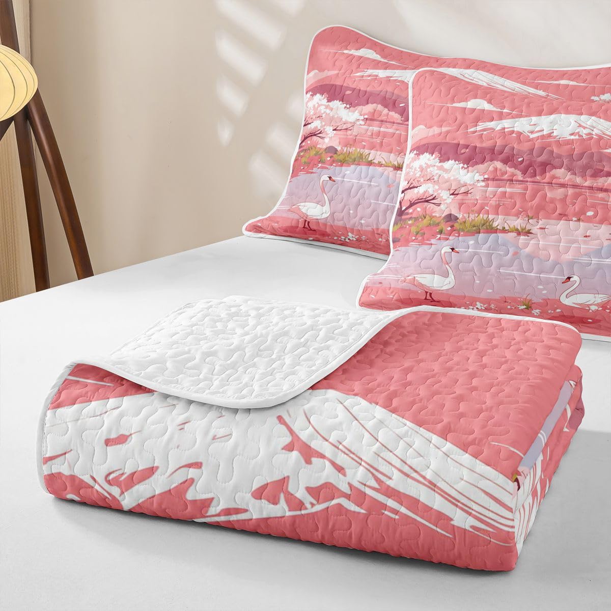 Erosebridal Japanese Cherry Blossoms Quilts Twin Size - Pink Japanese Style Bedspread Coverlet Set, Pink White Farmhouse Country Quilt Coverlets 2Pcs (Only 1 Pillowcase)