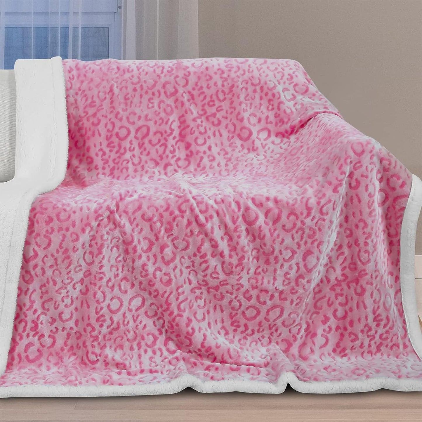 MACEVIA Sharpa Fleece Throw Blanket for Couch Fuzzy 3D Cheetah Blanket Thick Warm Reversible Cozy Comfy Super Soft Leopard Blanket for Bed Sofa 490GSM - Pink Leopard,50x60In