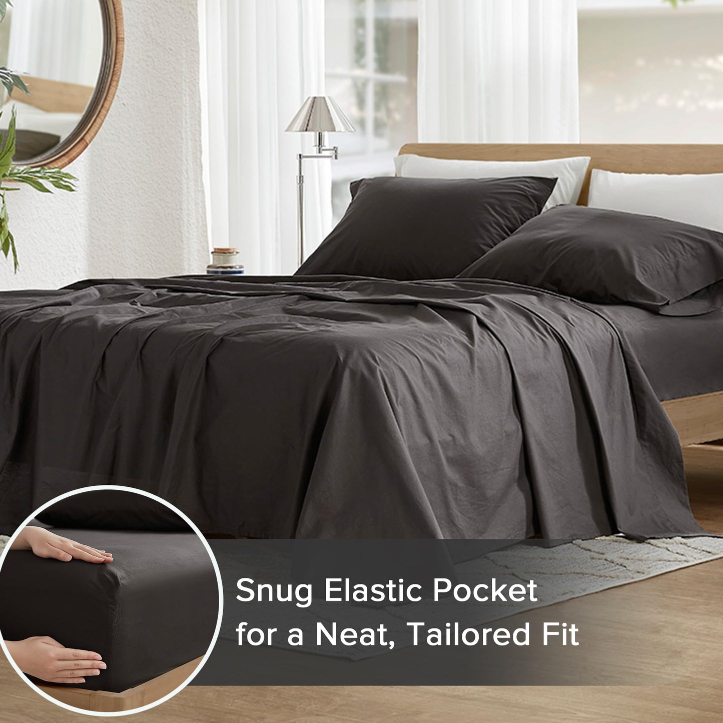 Comfort Spaces 100% Cotton Sheets Twin XL, Breathable & Ultra Soft Cotton Sheets, Naturally Cool Cotton Bed Sheets with 12" Elastic Pocket Fits up to 14" Mattress, All Season Sheet Set, Black, 3 Piece