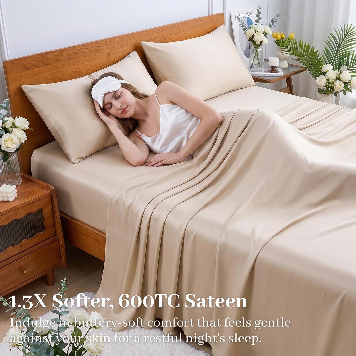 YIYEA 100% Viscose Derived from Bamboo Sheets, 600 Thread Count Cooling Bed Sheet Set for Hot Sleepers, Silky Soft, Breathable, 16" Deep Pocket, 4PC, King, Beige