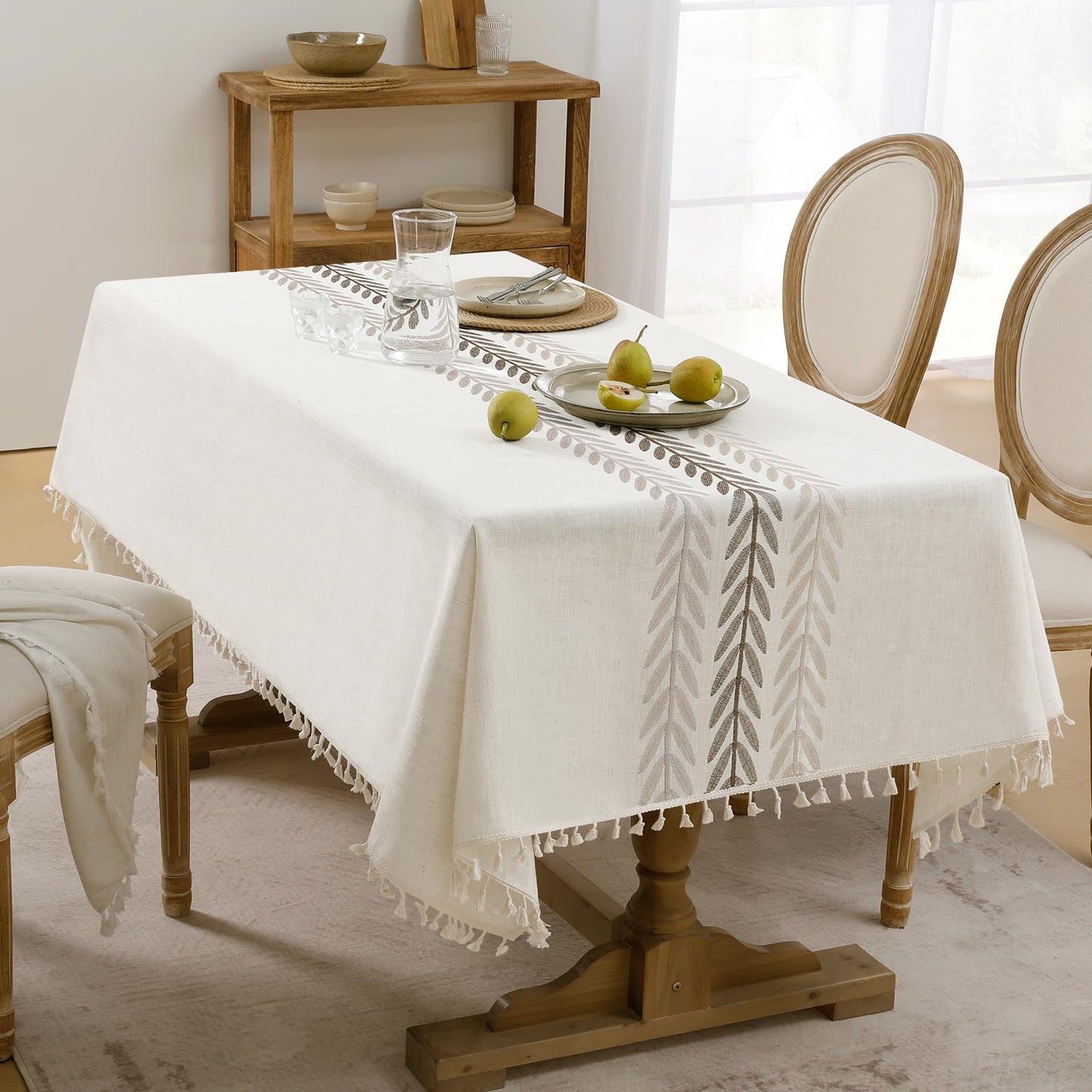 Softalker Outdoor Linen Tablecloth Rectangle, Waterproof Cotton Boho Farmhouse Table Cloths with Tassel, Heavy Weight Wrinkle Free Table Cover for Picnic Camping Dining - 55 x 70 Inch, Wine Leaf
