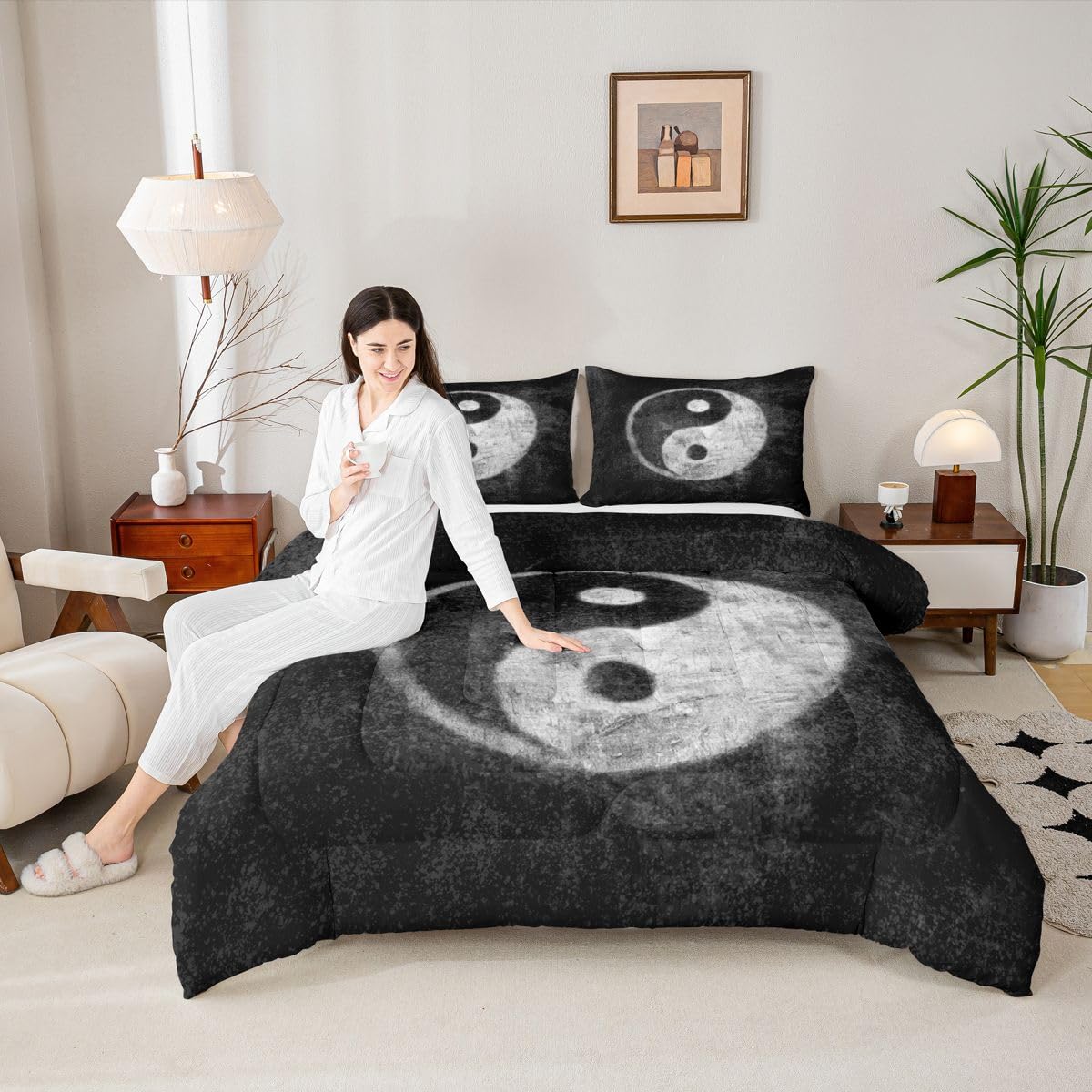 Feelyou Yin Yang Bedding Set for Girls Boys Children Boho Trippy Psychedelic Art Comforter Set Decorative Gossip Pattern Comforter Traditional Ying Yang Theme Duvet Set Twin Size 2Pcs