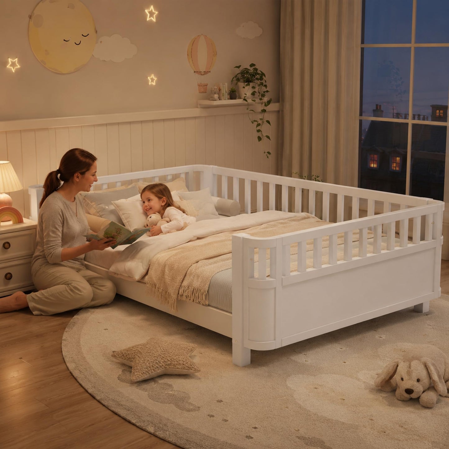OYUMOENTS Full Size Kids Bed Frame, Low Profile Montessori Bed Full with Rails, Wood Daybed for Girls & Boys, No Spring Box Required, No Squeaks, White