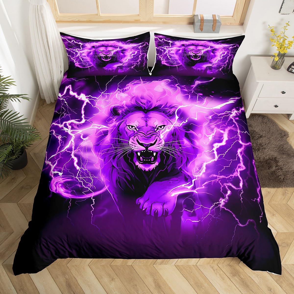 Manfei Lion Duvet Cover Set Queen Size, Purple Lightning Lion Comforter Cover with 2 Pillowcases, Wild Animal Theme Bedding Set 3pcs for Kids Boys Teens Adults Lightweight Bedspread Cover,No Comforter