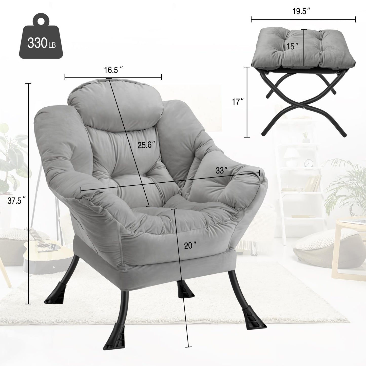 Congermom Lazy Chair with Folding Ottoman Modern Large Accent Chair,Contemporary Lounge Leisure Sofa Chair with Armrests Upholstered Sofa Armchair Reading Chair for Bedroom,Dorm&Office (Light Grey-f)