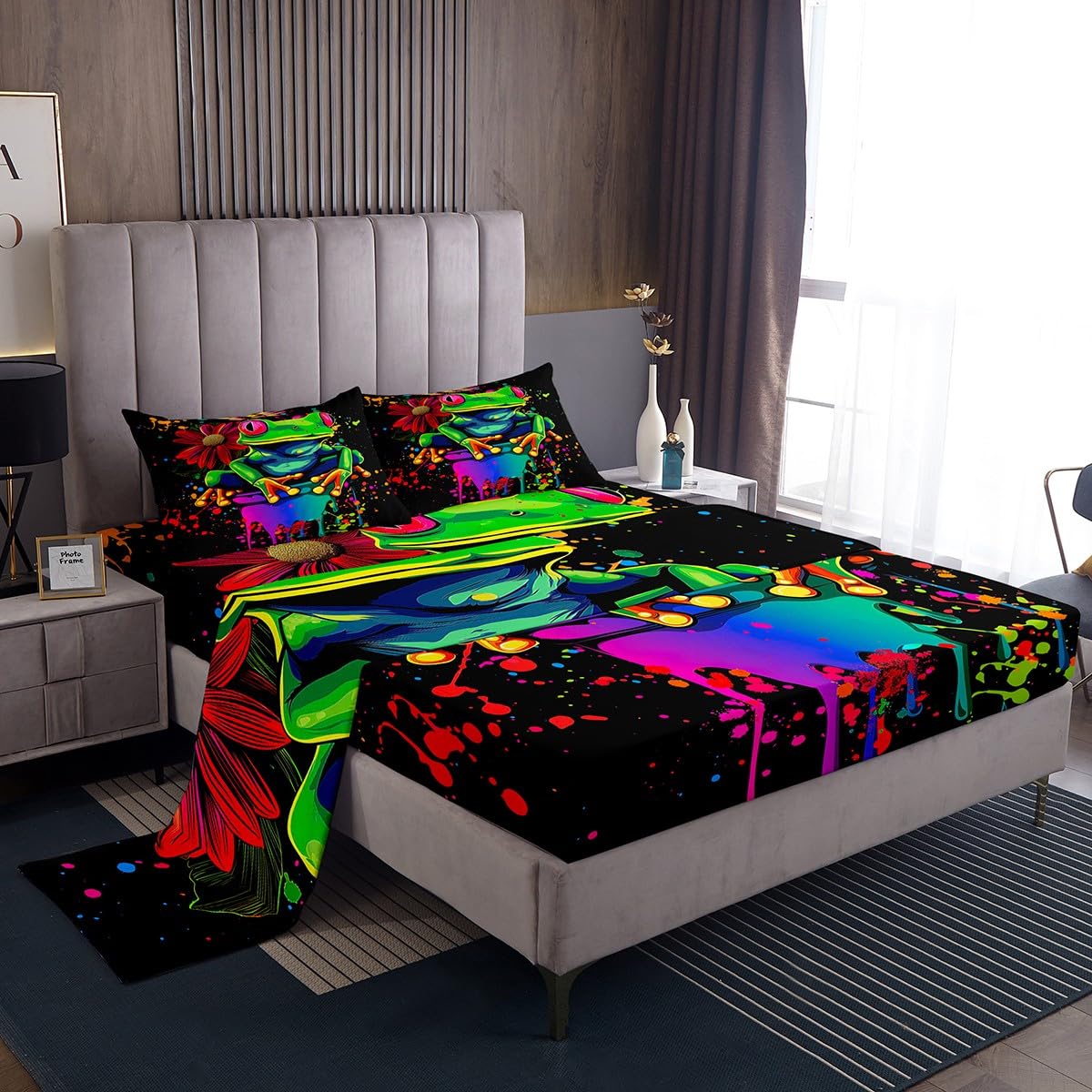 Erosebridal Tie Dye Frog Bedding Full Size,Rainbow Graffiti Style Sheet Set for Kids Boys Girls Teens,Rose Flower Cartoon Animal Bed Sheets,Microfiber Floral Decor Bed Sheet Soft with Deep Pocket