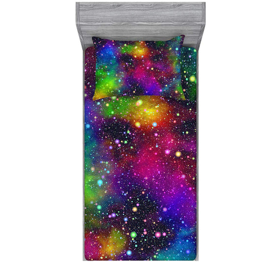 NiuOne Galaxy Fitted Sheet Set Rainbow Space Sheet Set for Girls and Boys Twin Bed 2PCS 1 Deep Pocket Sheets with 1 Pillowcases Wrinkle Free Microfiber(16,Twin)
