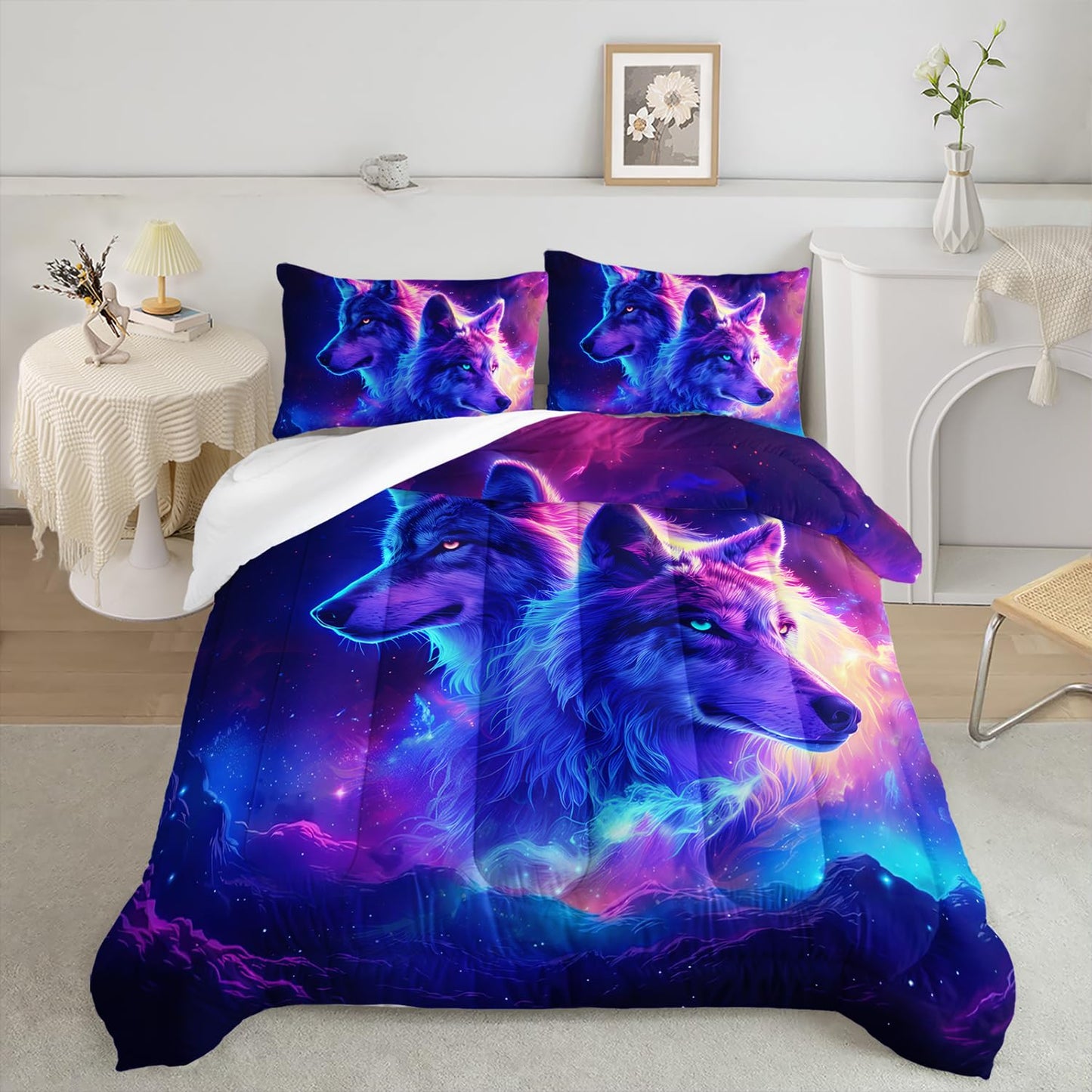 AILONEN Wolf Bedding Set Twin Comforter Set for Boys,Purple Galaxy Wolf Comforter Set for Kids Teen,Safari Wolf Bed in a Bag 3 Pieces,Starry Wolves Comforter with 2 Pillowcases