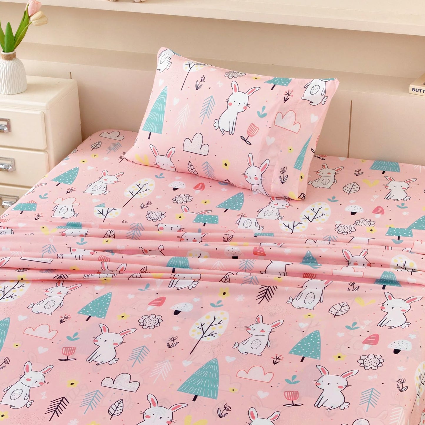 MICORAL Kids Twin Sheet Set Bunny, 3 Pieces Sheets for Boys & Girls, Soft Printed Microfiber Bed Sheets, Deep Pocket Cozy Toddler Bedding Set