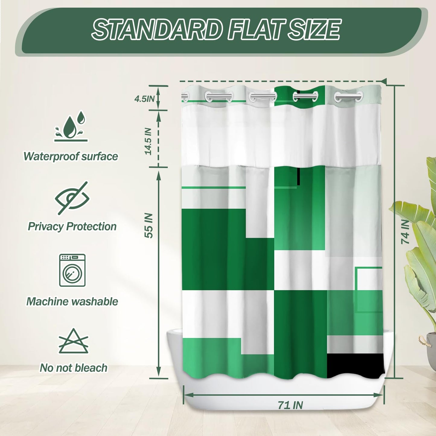 Green Hookless Shower Curtain Set with Snap in Liner, Green White Bathroom Decor, 71x74 Inches, Geometric Bathroom Curtain with Liner and See Through Top Window