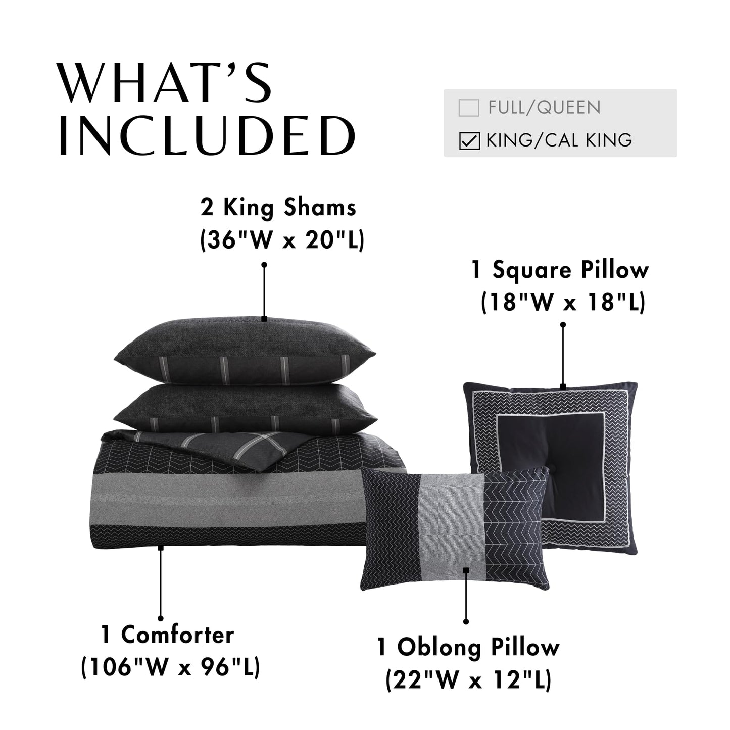 Bebejan Kyle 100% Cotton 5 Piece Comforter Set, Polyfill, Black, Gray Herringbone Tweed Printed Pattern, Reversible, 1 Comforter, 2 Shams, 2 Pillows (King/Cal King)