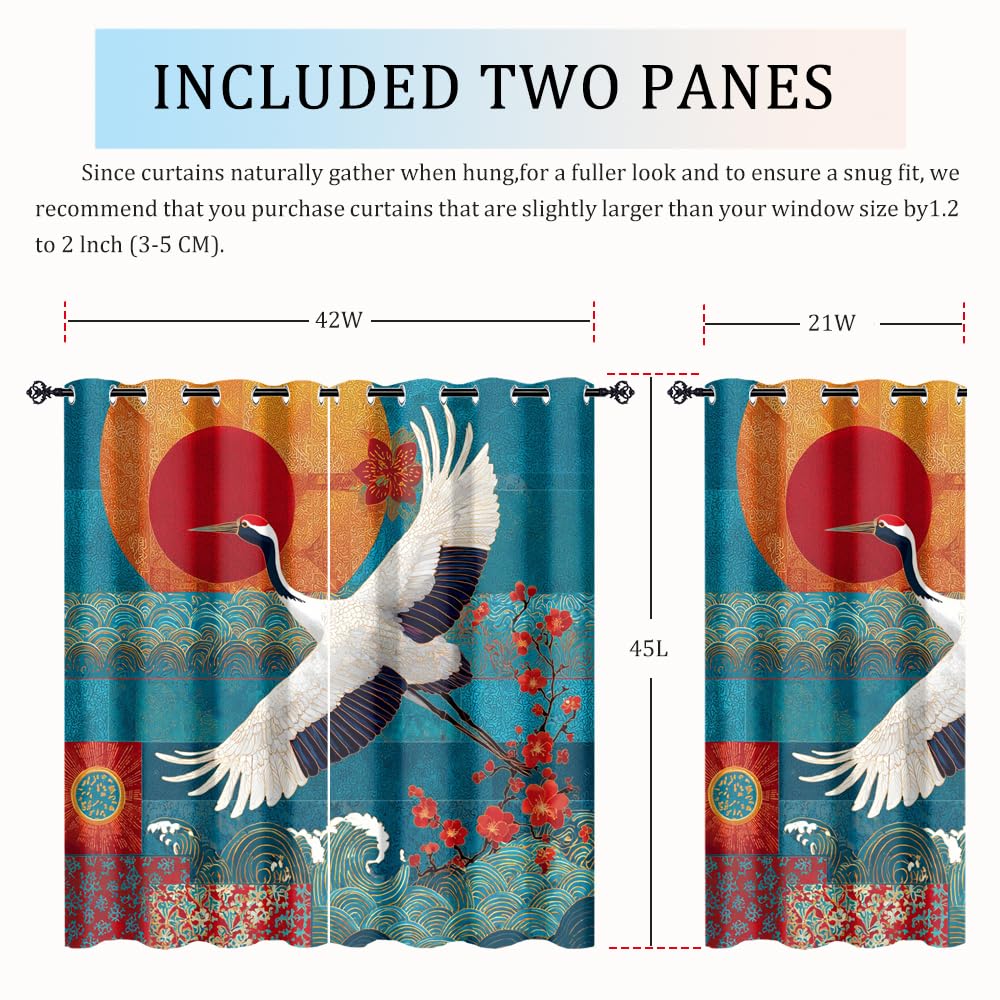 XSUPFLYM Rustic Abstract Japanese Crane Window Perforated Curtains Classic Red Sun Animal Crane Cherry Blossom Great Waves Thermal Curtains Suitable for Bedroom Living Room 2 Panels.Each 21"W x 45"L