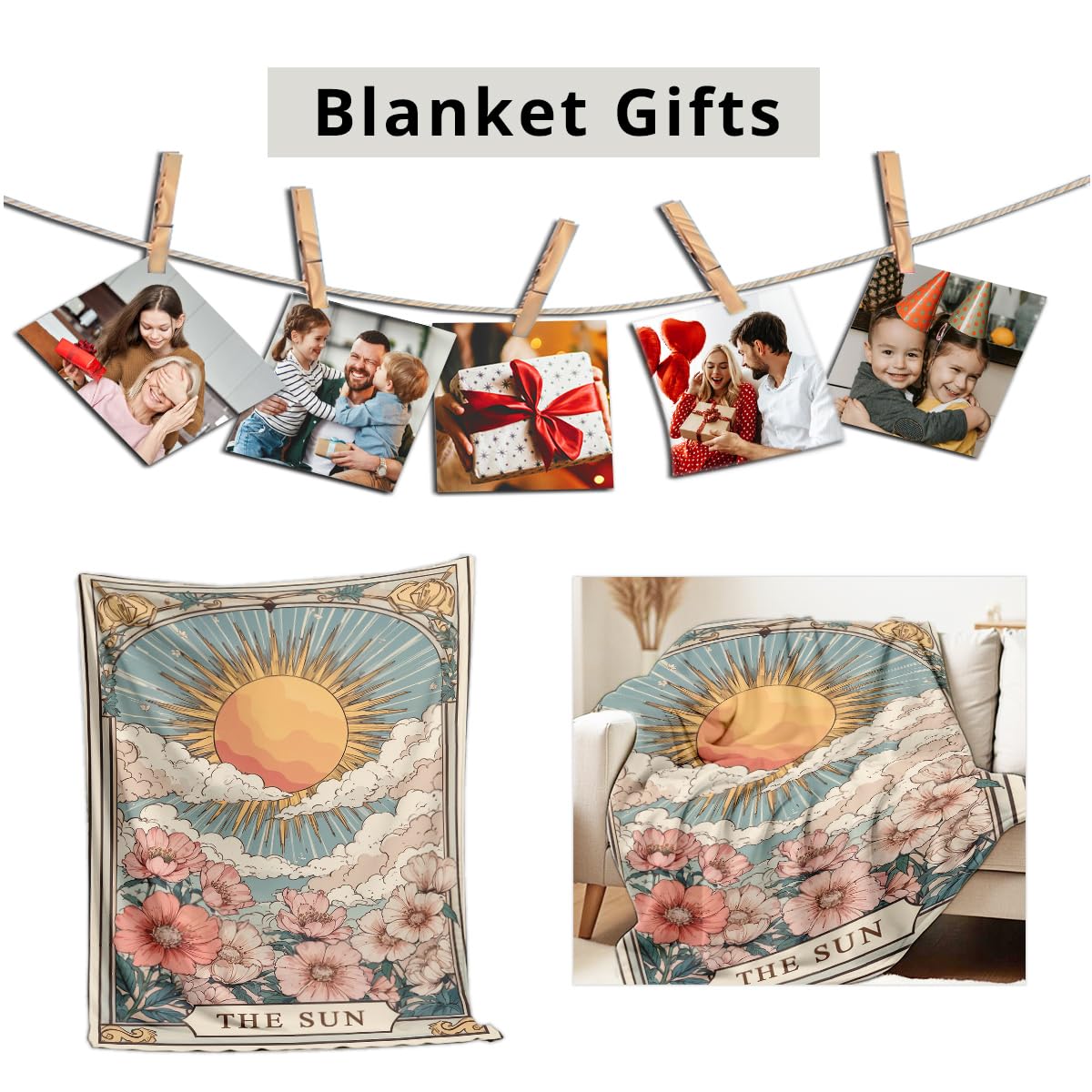 HUNXIAOJ Sun Moon Celestial Print Blanket Boho Celestial Flannel Throw Beige Blanket Throw for Couch Bed Home Living Room Boho Decor Gifts for Kids Adult (59"x78")