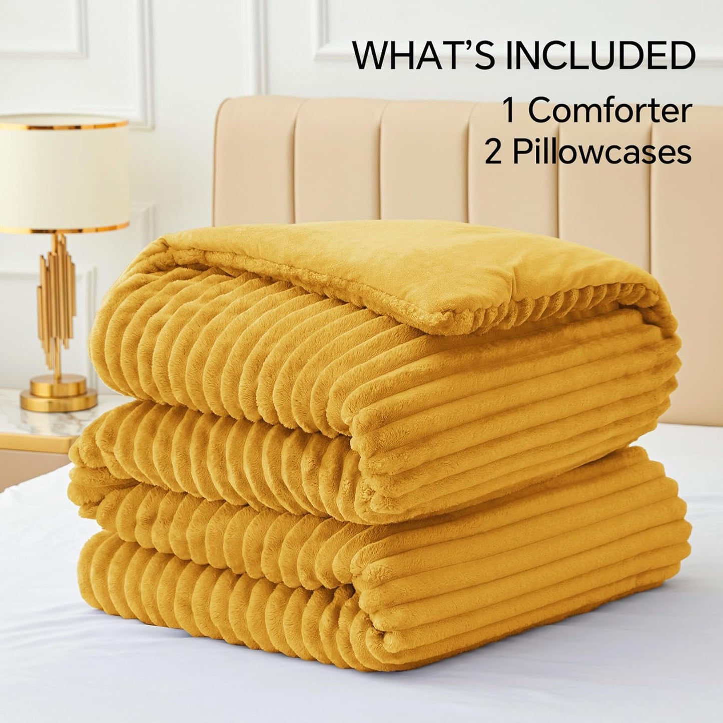 BEDELITE Fleece Queen Comforter Set -Super Soft & Warm Fluffy Mustard Yellow Bedding, Luxury Fuzzy Heavy Bed Set for All Season with 2 Pillow Cases