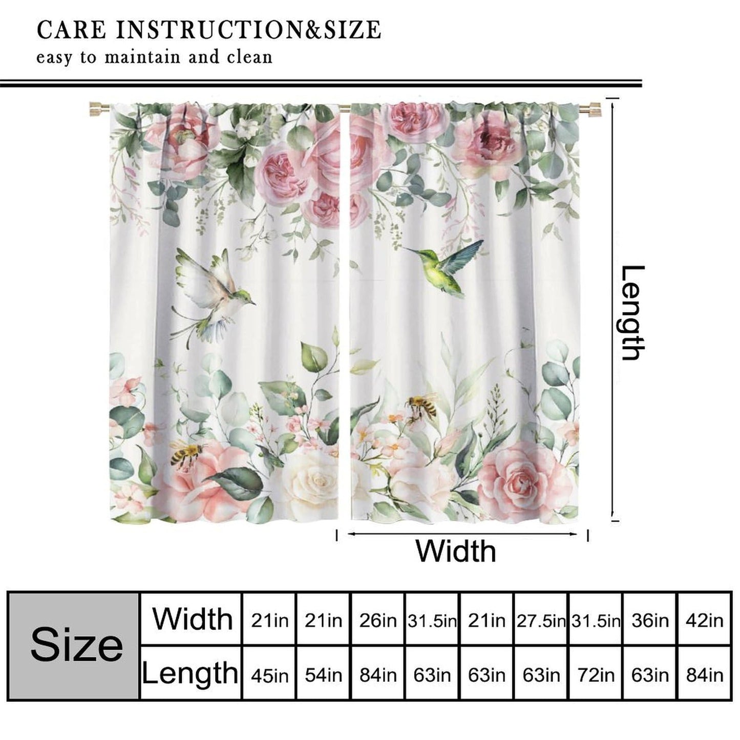 PHTAYOT Pink Burgundy Rose Curtains, Rose Floral Green Leaves Plant Spring Blossom Bird for Room Window Decor, Rod Pocket Print Drapes for Living Room Bedroom Kitchen 2 Panel Set 20.5" W X 45" L