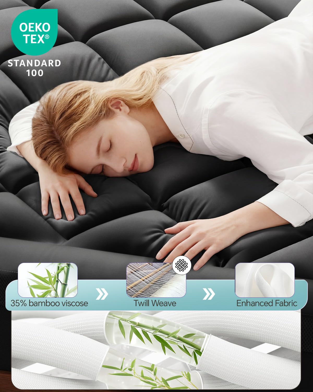 ChiXpace Dual Layer 4 Inch Memory Foam Mattress Topper Queen - 2 Inch Gel Memory Foam and 2 Inch Pillow Top Mattress Pad, 7-Zone Egg Crate 2-in-1 Design (Black-White)