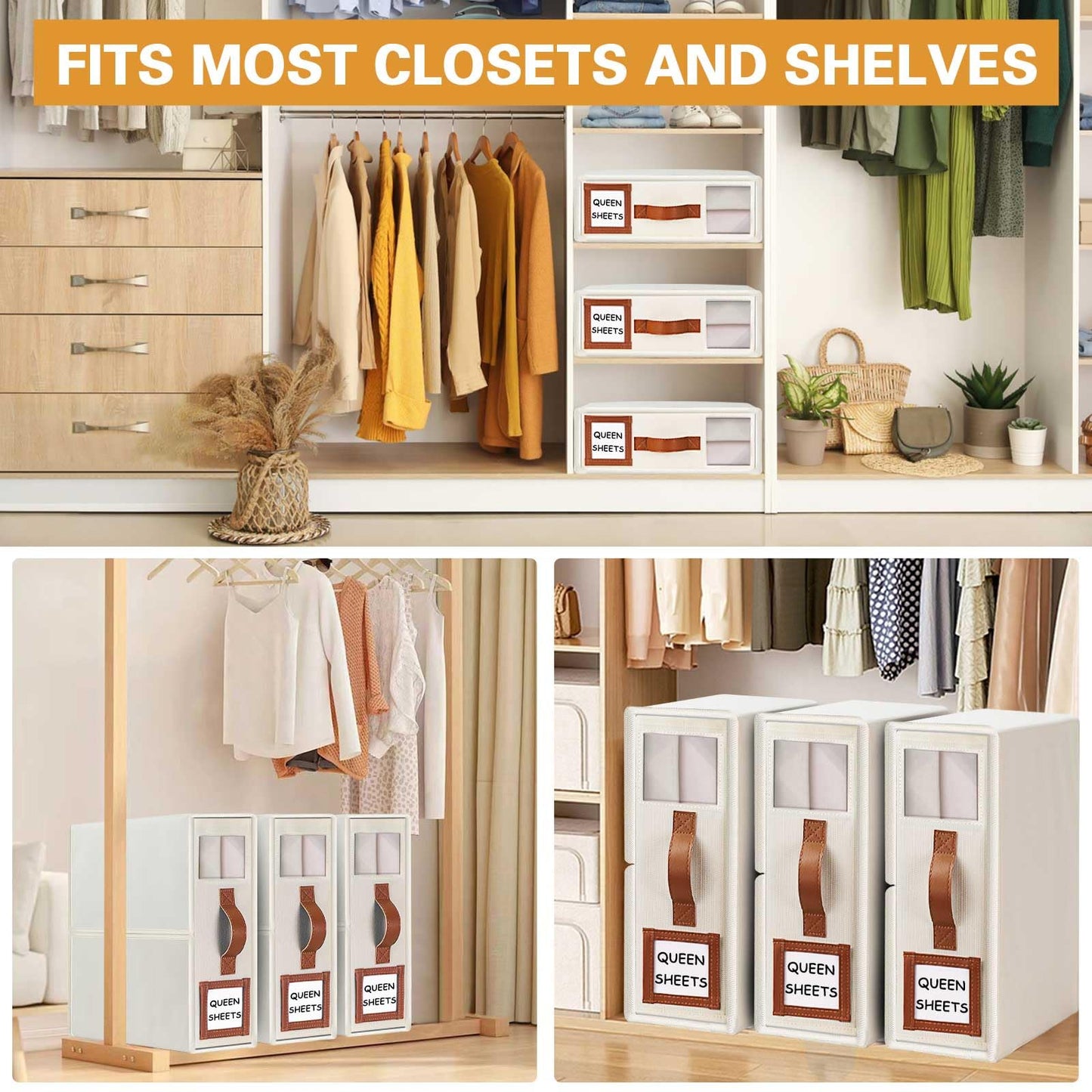 GhvyenntteS Bed Sheet Organizers and Storage 4 Pack (Queen & King Size), Foldable Sheet Organizers and Storage with Window and Label, Bed Sheet Organizer with Leather Handle, Beige