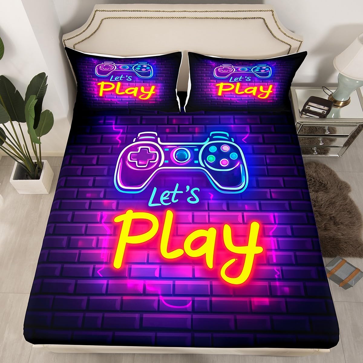 Gaming Gamer Bedding Sets Video Game Fitted Sheet for Boys Girls, Abstract Neon Style Gamepad Bed Sheets Geometric Brick Wall Design Bedding Decor Set Youth Man, Bedroom Decorations Twin Size