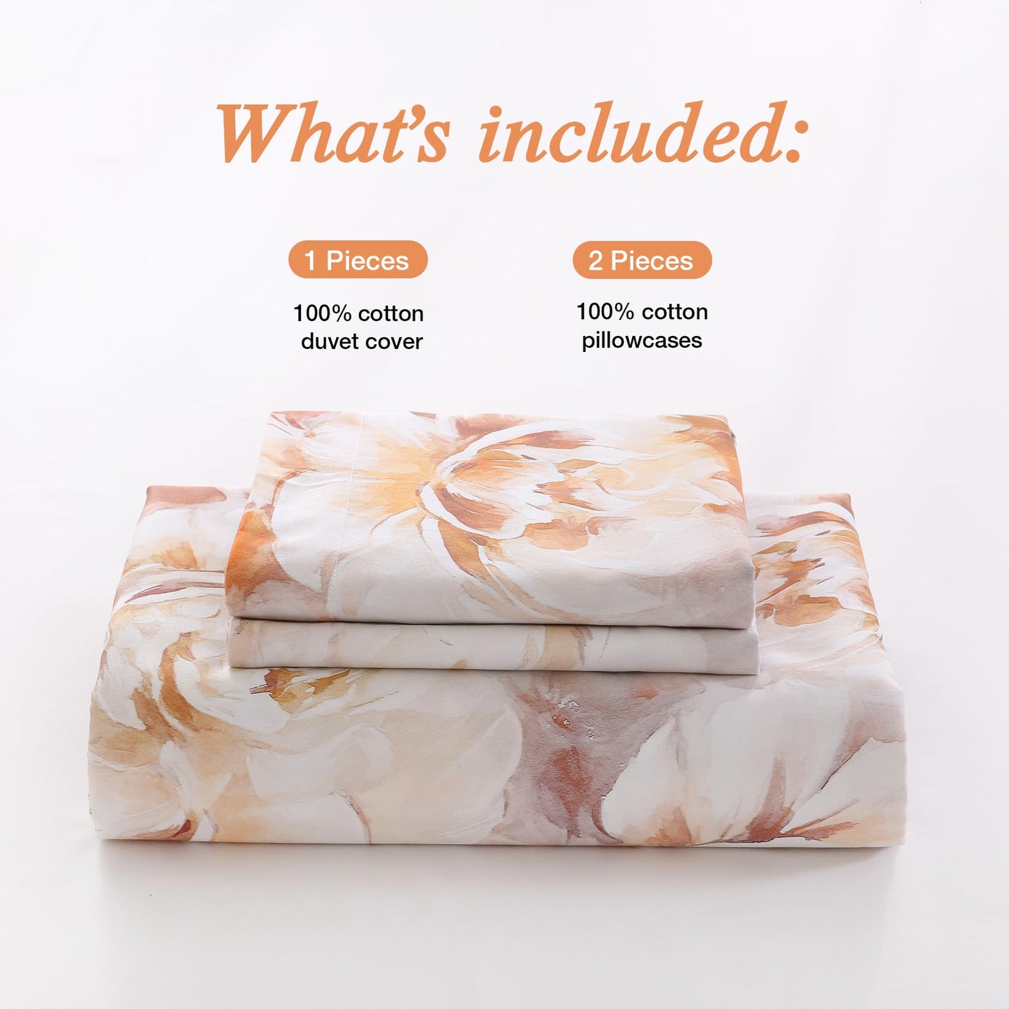 Ocharo 100% Cotton Duvet Cover King Size, Floral Reversible Duvet Cover Set with Zipper Closure, Soft 3 Pieces Bedding Set with 2 Pillow Shams(20"x36")