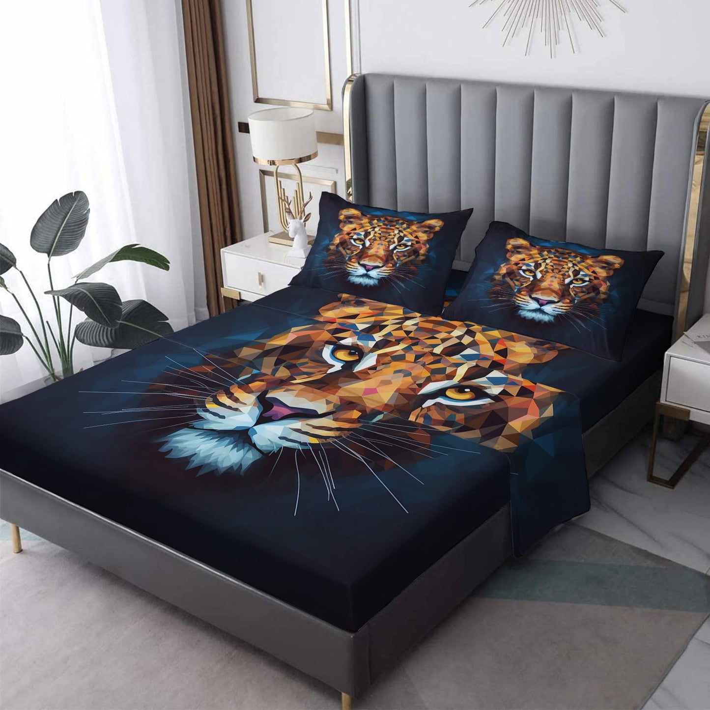 THYUNQ Leopard Split King Sheets Sets for Adjustable Bed, Mosaic Style Animal Pattern Sheet Set - 16 Inch Deep Pocket, Super Soft Microfiber Printed Bedding Sheets & Pillowcases 5 Piece